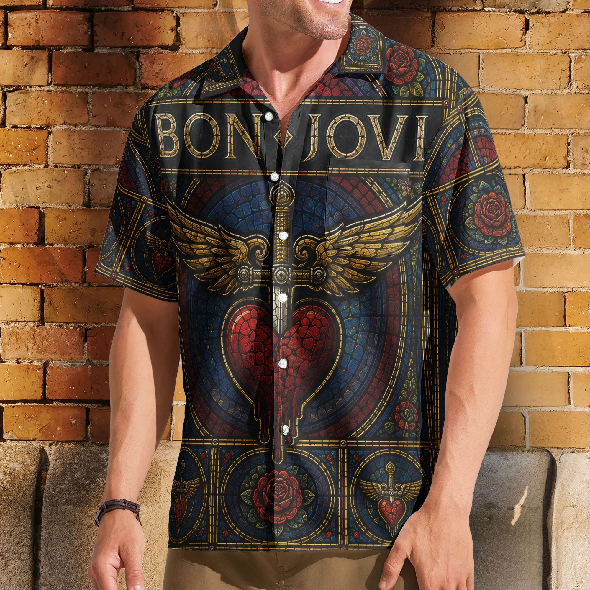 Bon Jovi Stained Glass Hawaiian Shirt - Unisex Classic Rock Heart Dagger Button Up