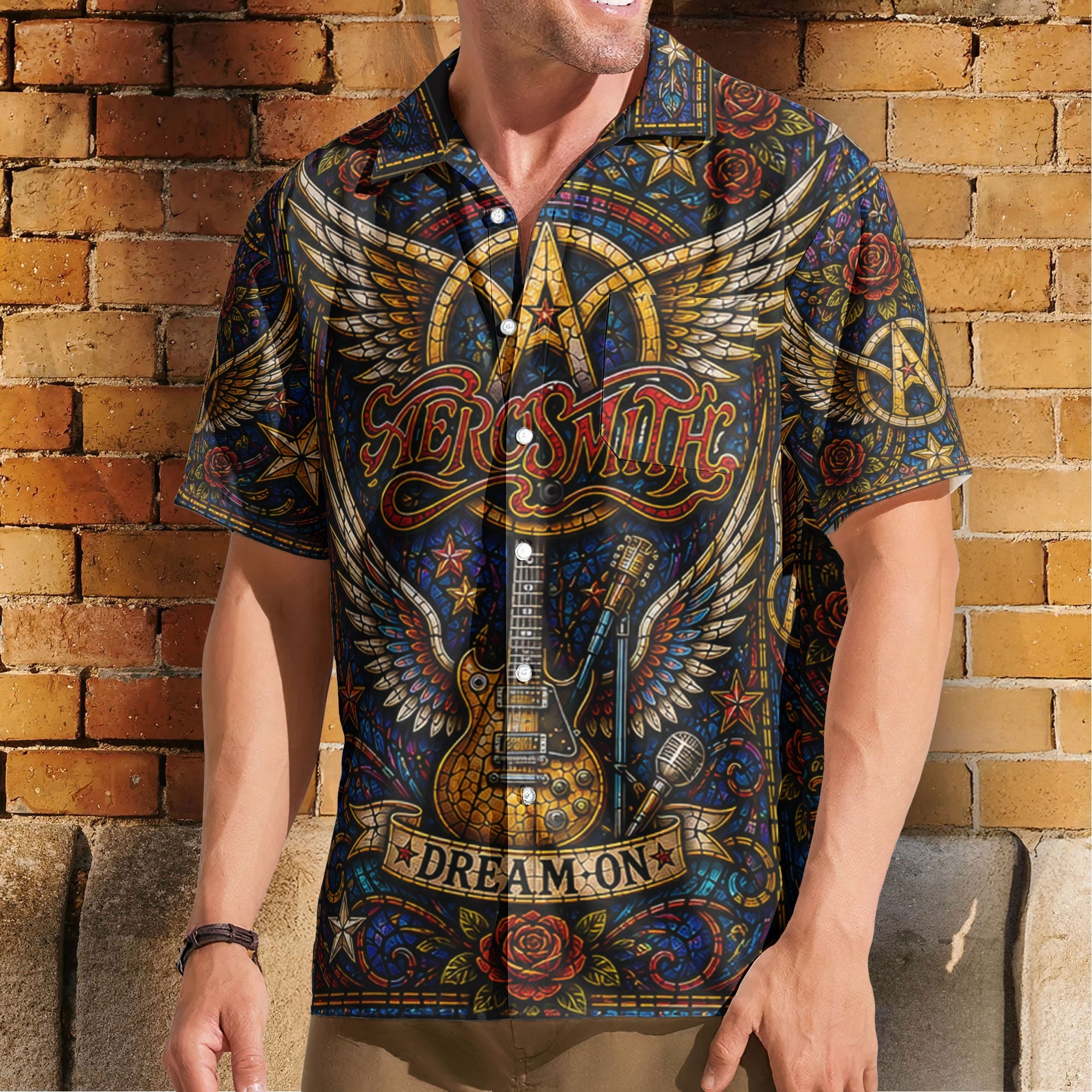 Aerosmith Hawaiian Shirt - Unisex Dream On Cathedral Window Winged Logo Button Up