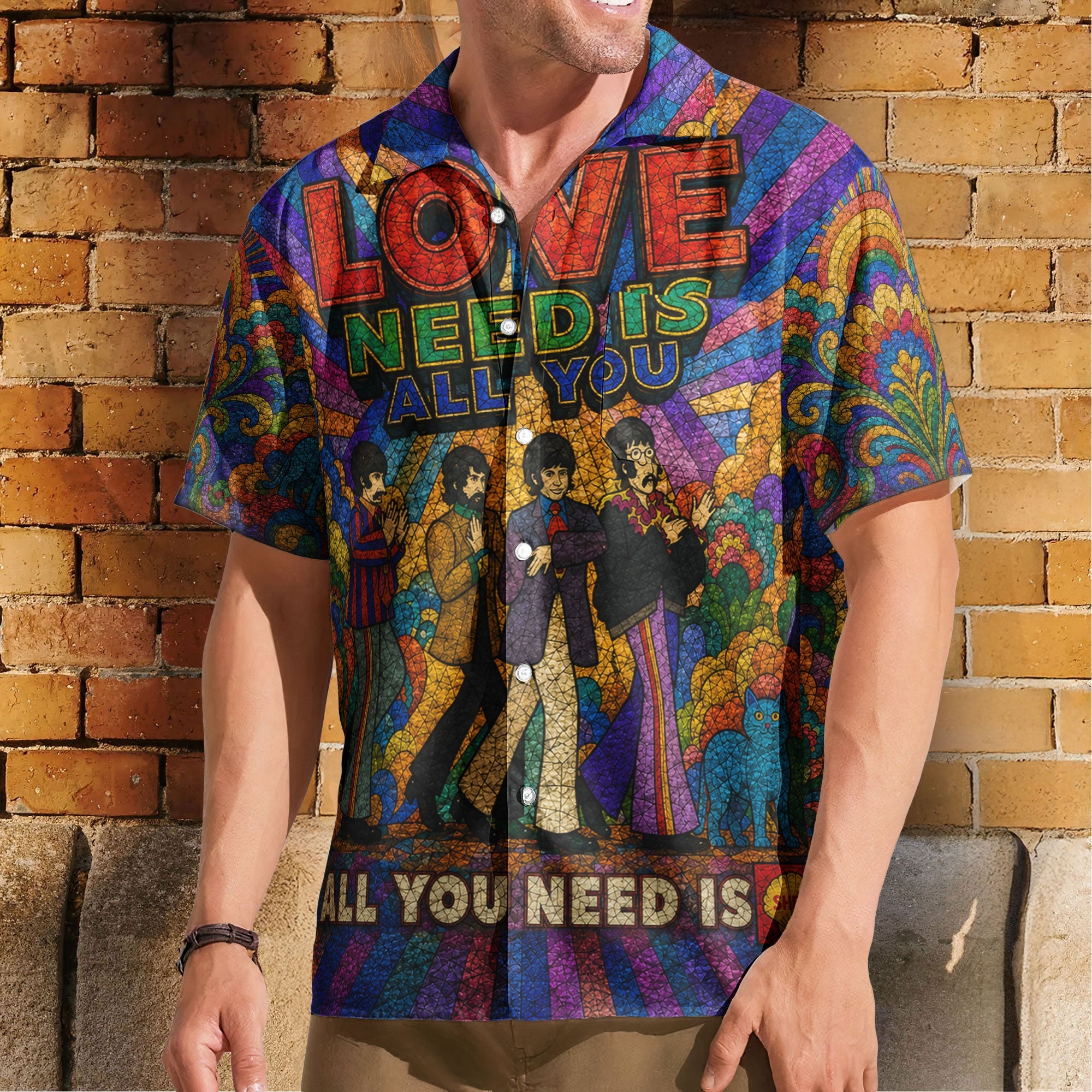 The Beatles Hawaiian Shirt - Unisex Retro All You Need Is Love Mosaic Button Up
