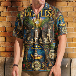 The Beatles Gothic Stained Glass Hawaiian Shirt - Unisex Retro Abbey Road Yellow Submarine Cathedral Window Button Up