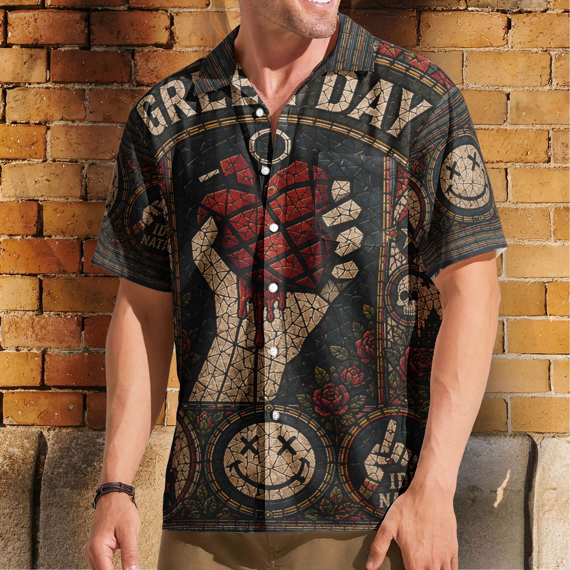 Green Day Gothic Stained Glass Hawaiian Shirt - Unisex Pop Punk Concert Summer Button Up Shirt