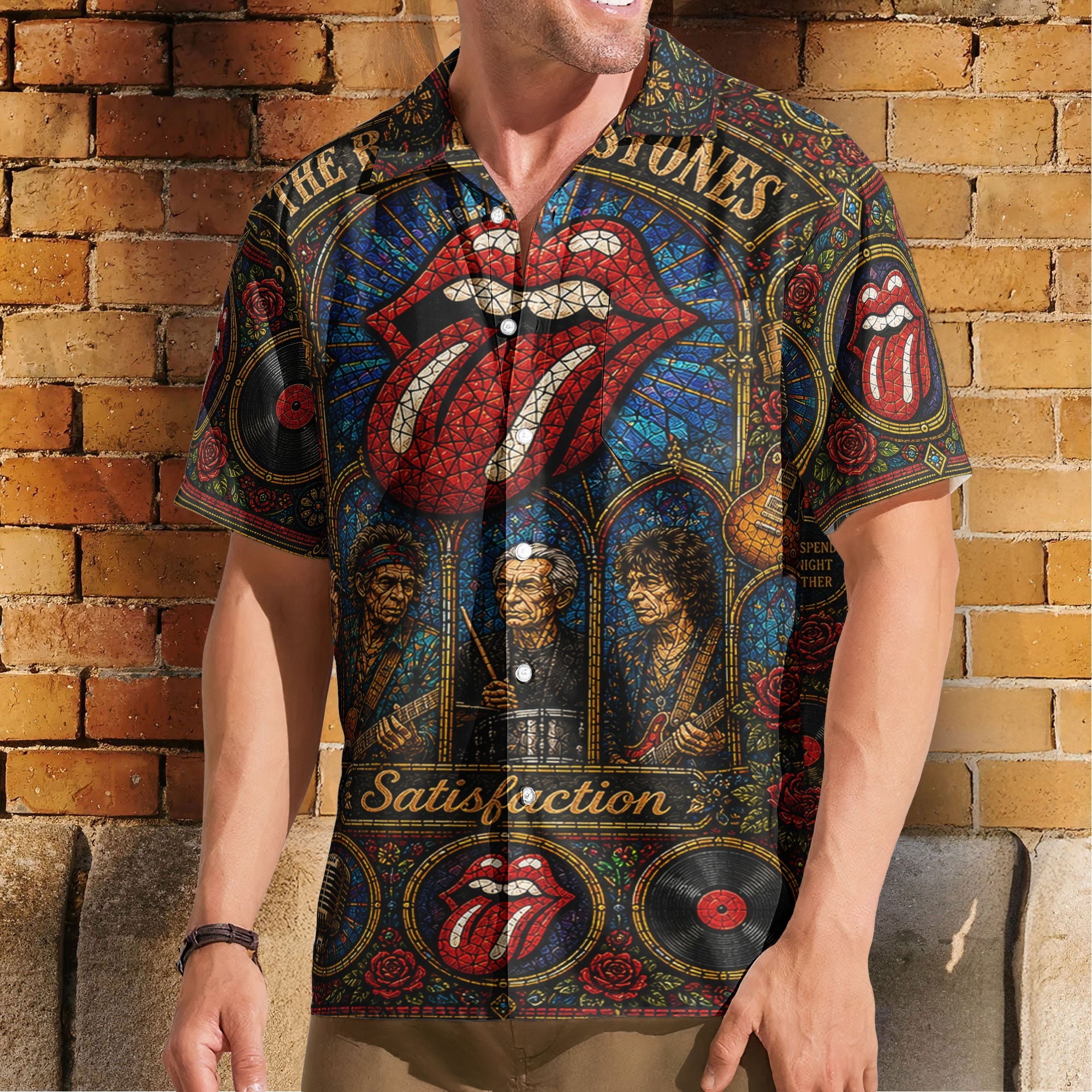 The Rolling Stones Gothic Stained Glass Hawaiian Shirt - Unisex Rock N Roll Concert Summer Button Up