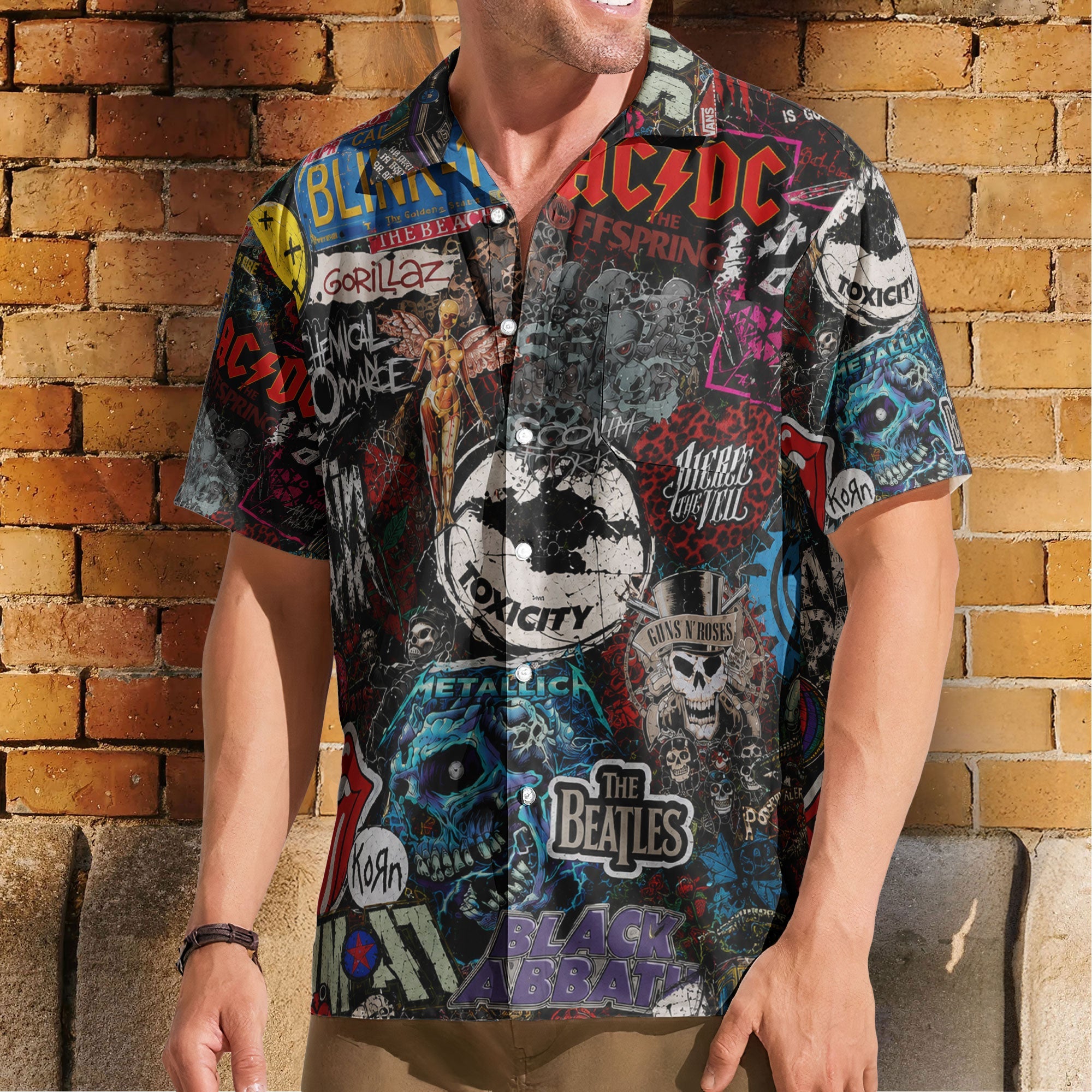 Rock Band Collage Hawaiian Shirt - Unisex Heavy Metal Grunge Summer Button Up - The Beatles Black Sabbath Concert Merch