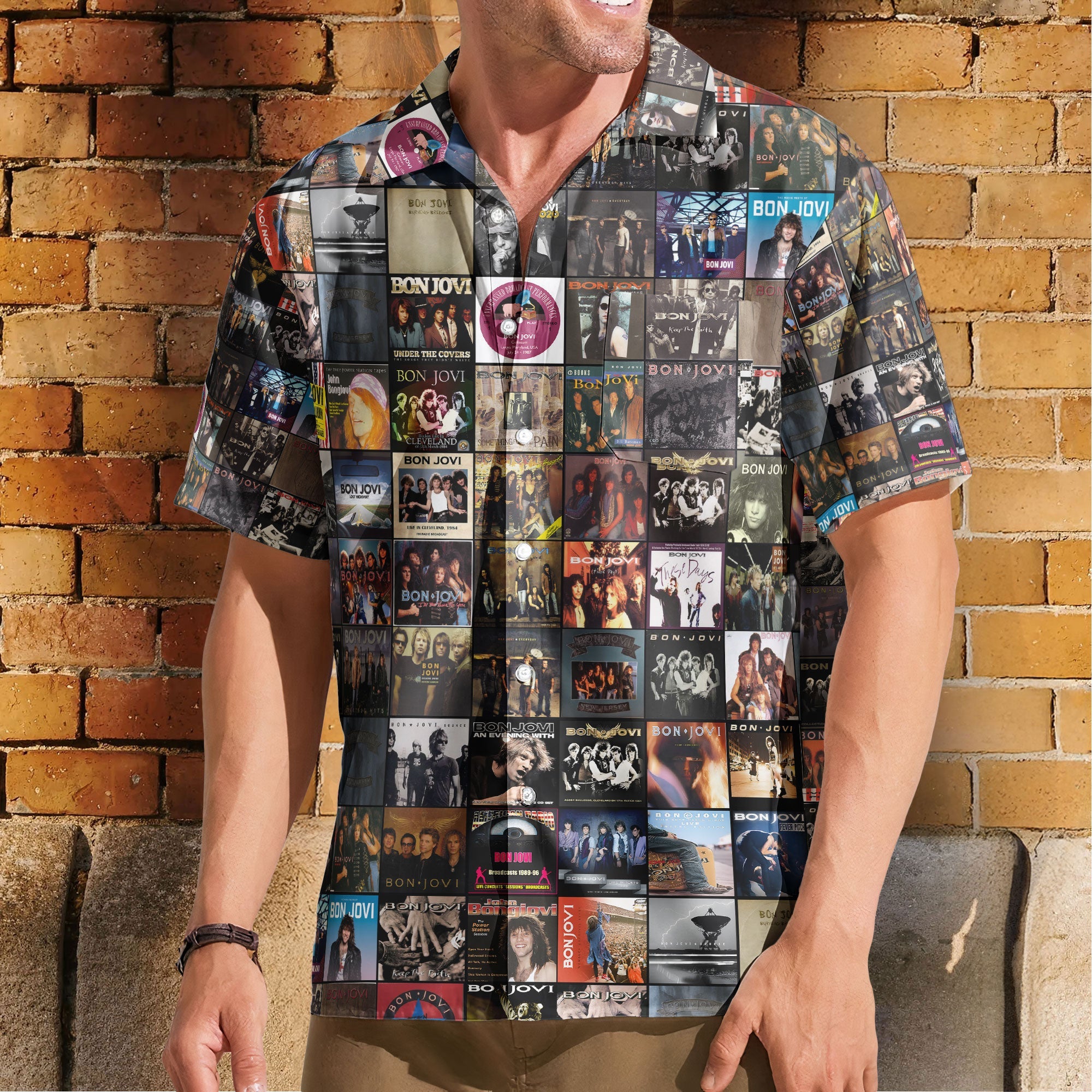 Bon Jovi Album Cover Collage Hawaiian Shirt - Unisex 80s Arena Rock Concert Summer Button Up