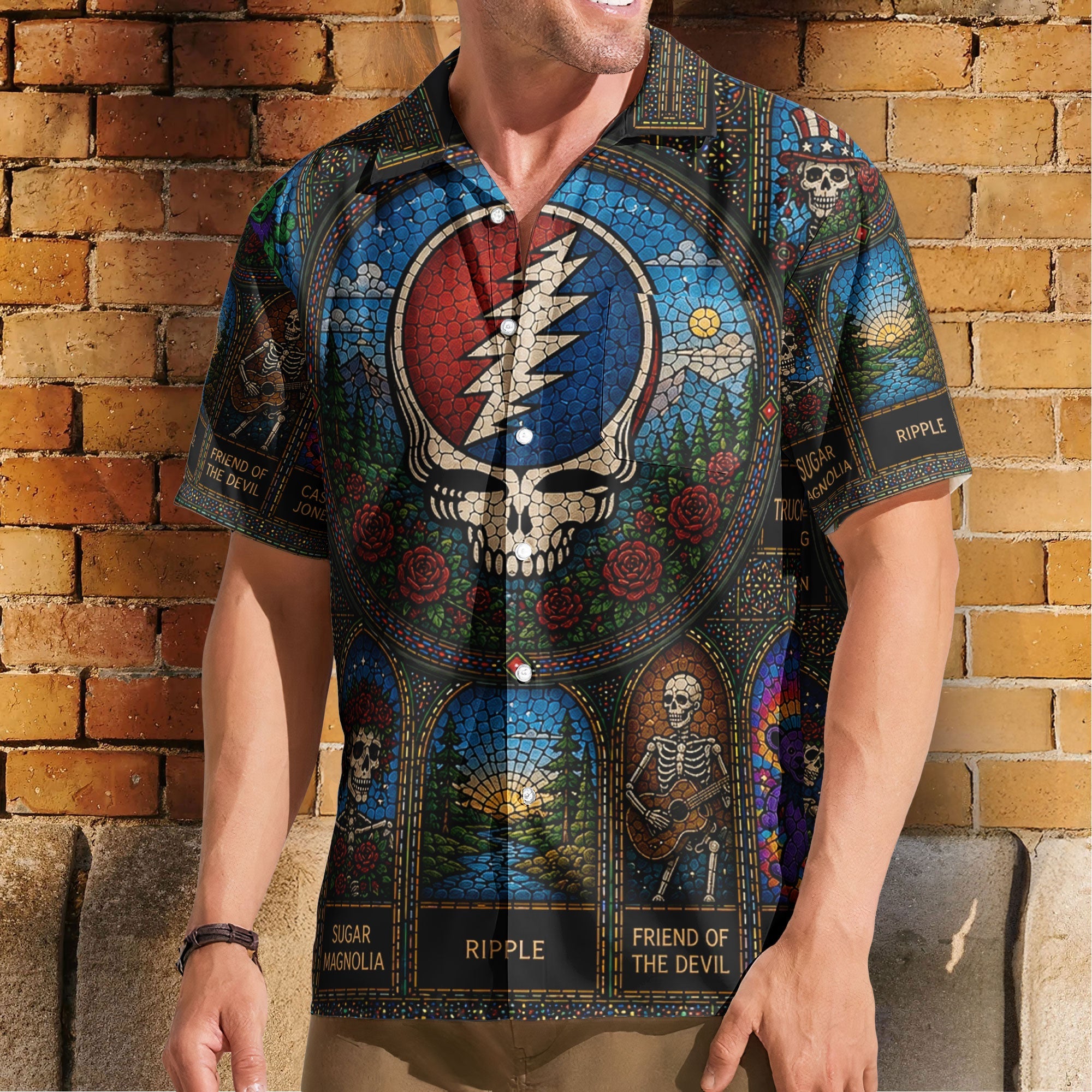 Grateful Dead Gothic Stained Glass Hawaiian Shirt - Unisex Retro Steal Your Face Stealie Skull Button Up