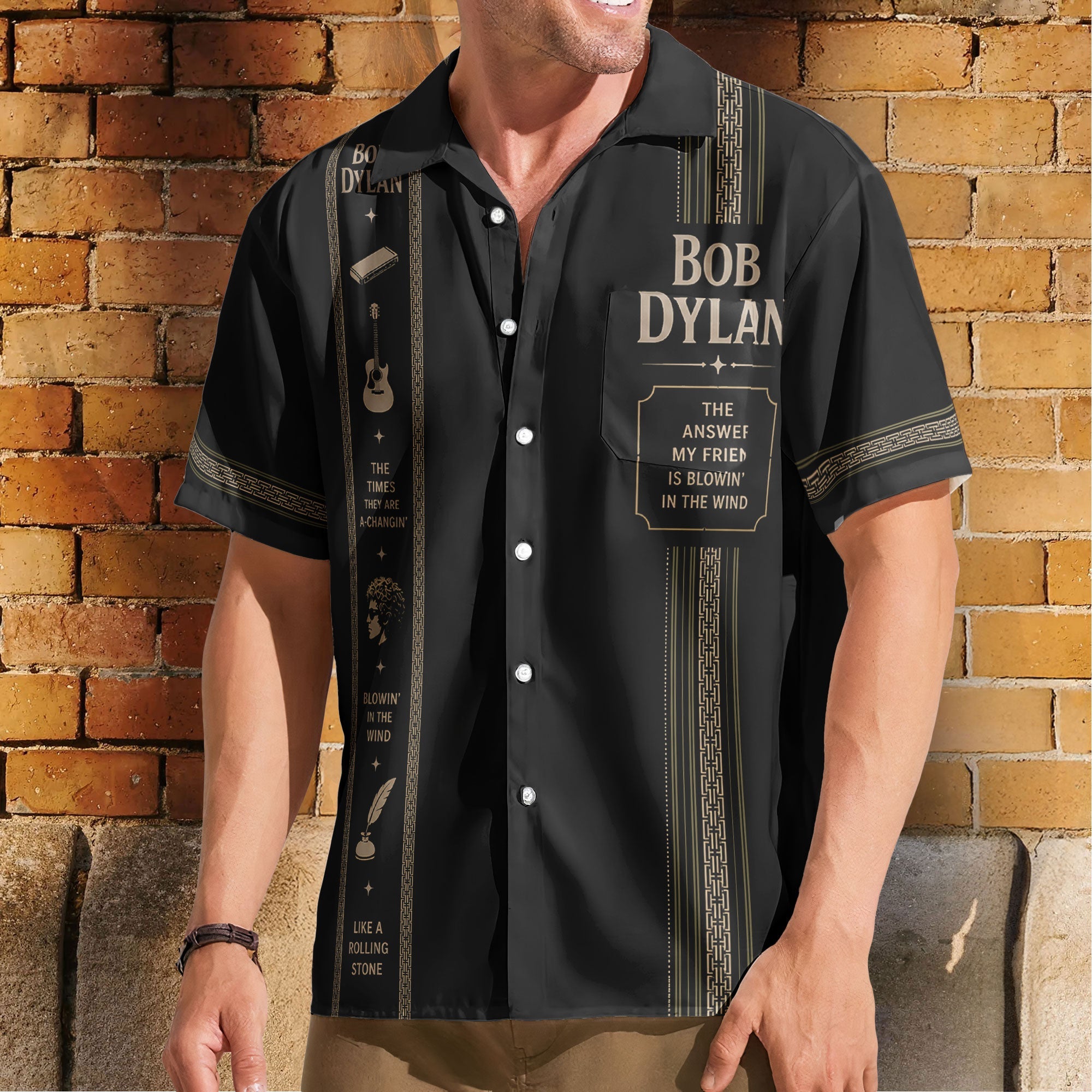 Bob Dylan Luxury Design Hawaiian Shirt – Folk Rock Inspired Black Hawaiian Shirt