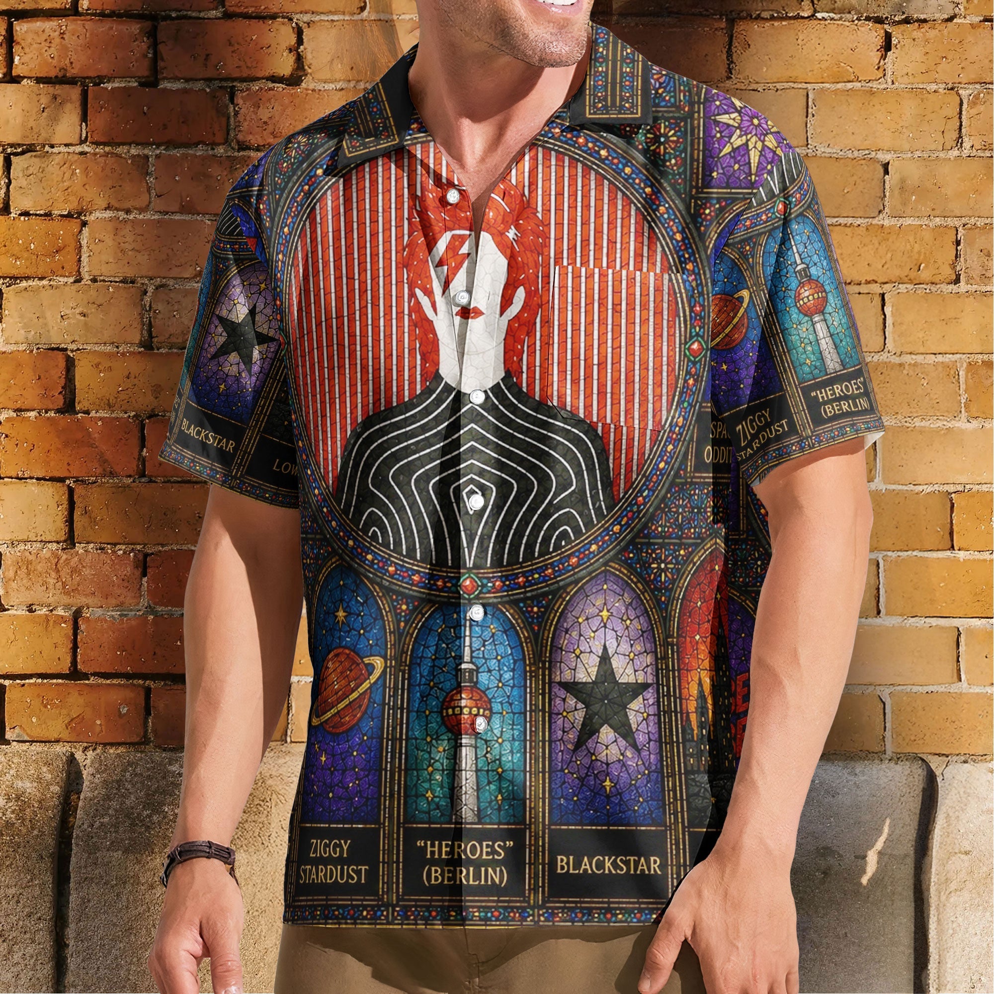David Bowie Gothic Stained Glass Hawaiian Shirt - Unisex Retro Heroes Ziggy Stardust Blackstar Button Up