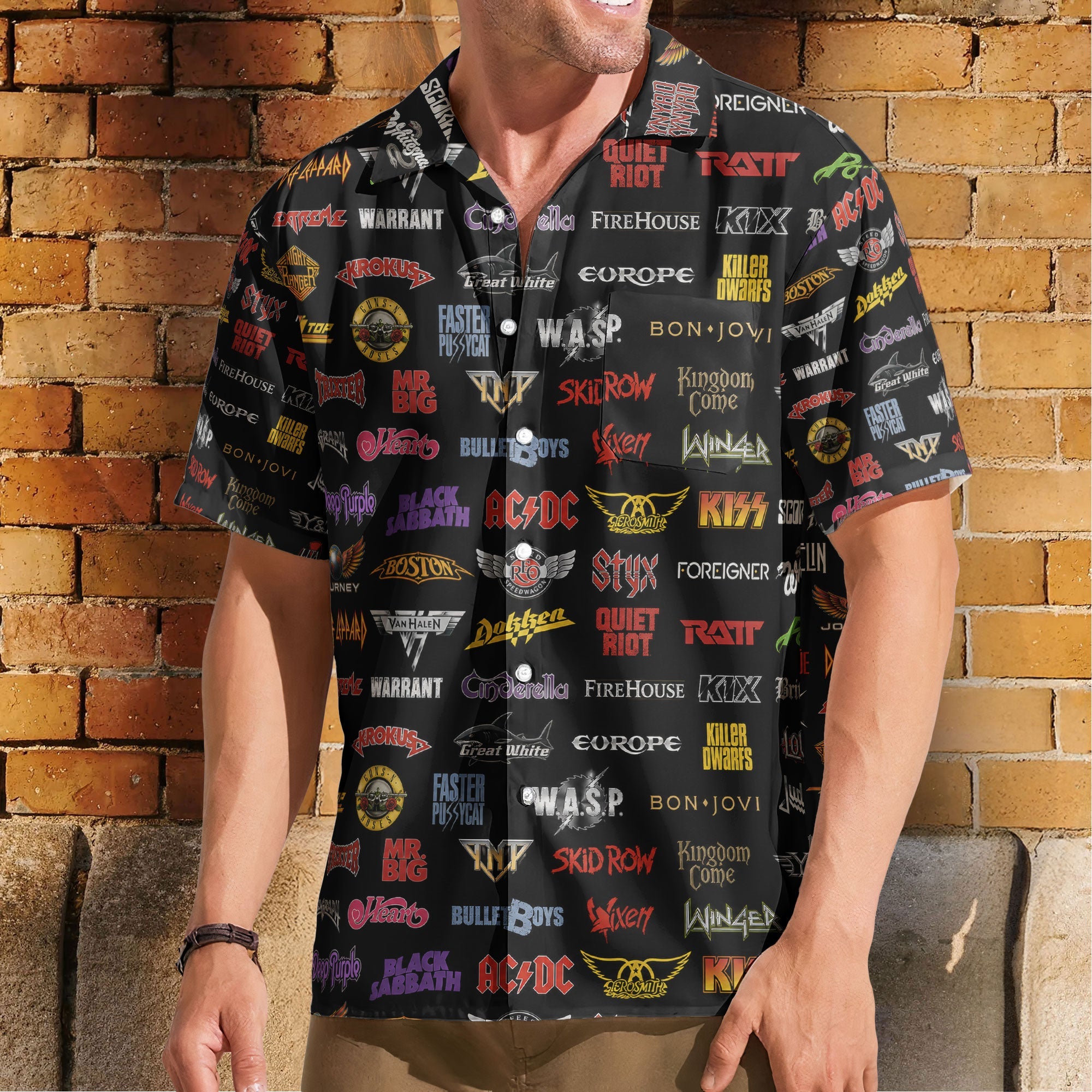 Hard Rock Band Logos Hawaiian Shirt - Unisex Retro Rock Concert Black Summer Beach Button Up