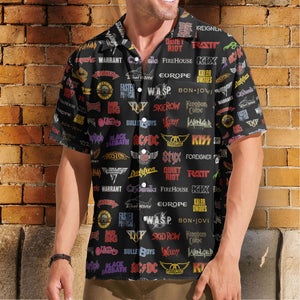 Hard Rock Band Logos Hawaiian Shirt - Unisex Retro Rock Concert Black Summer Beach Button Up