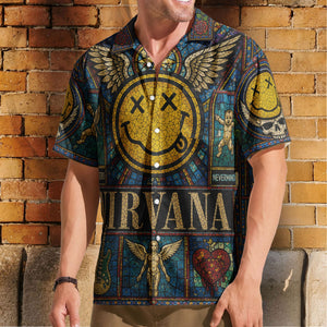 Nirvana Hawaiian Shirt - Unisex Retro Smiley Face Cathedral Window Button Up
