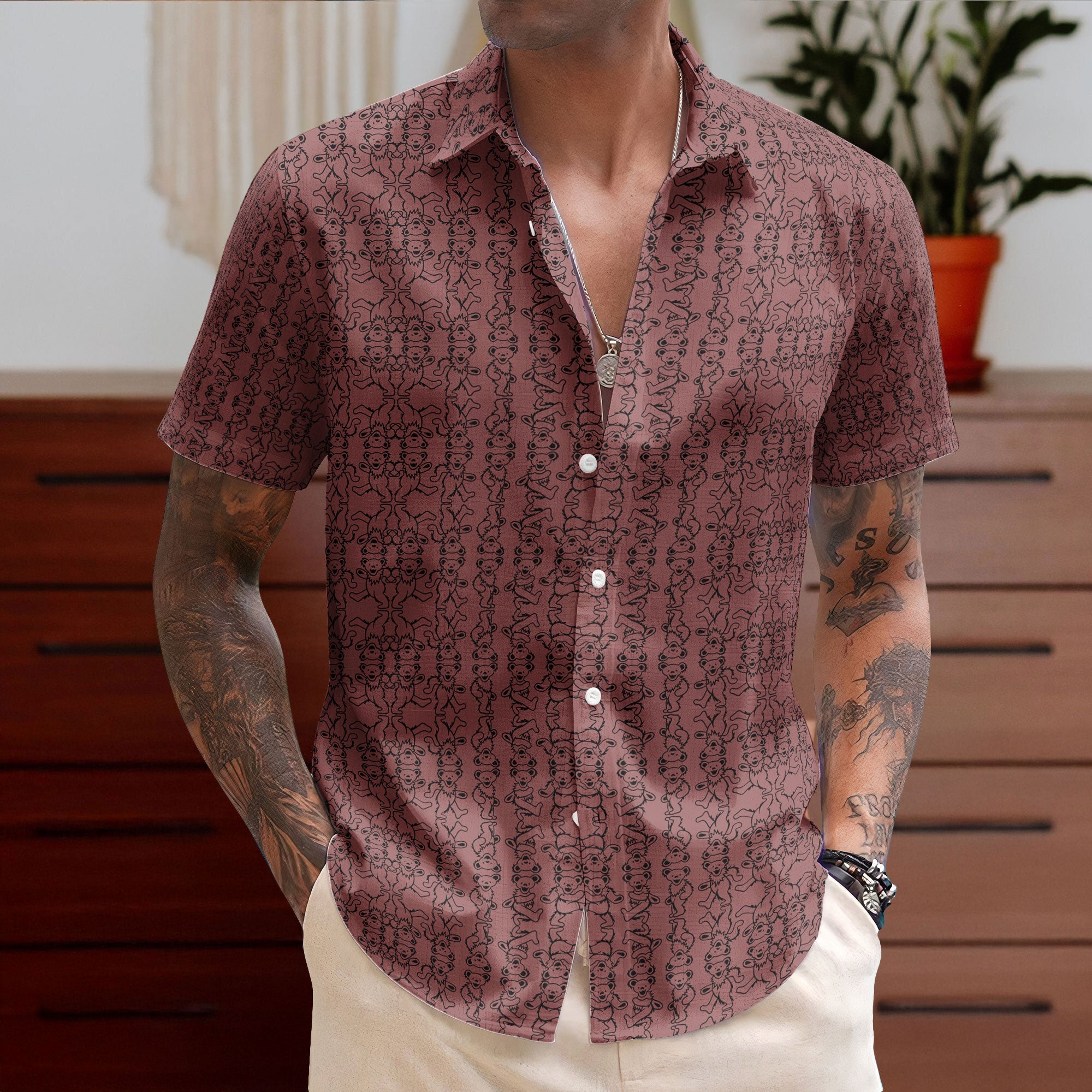 Grateful Dead Accent Hawaiian Shirt – Dancing Bears All-Over Print Button-Up