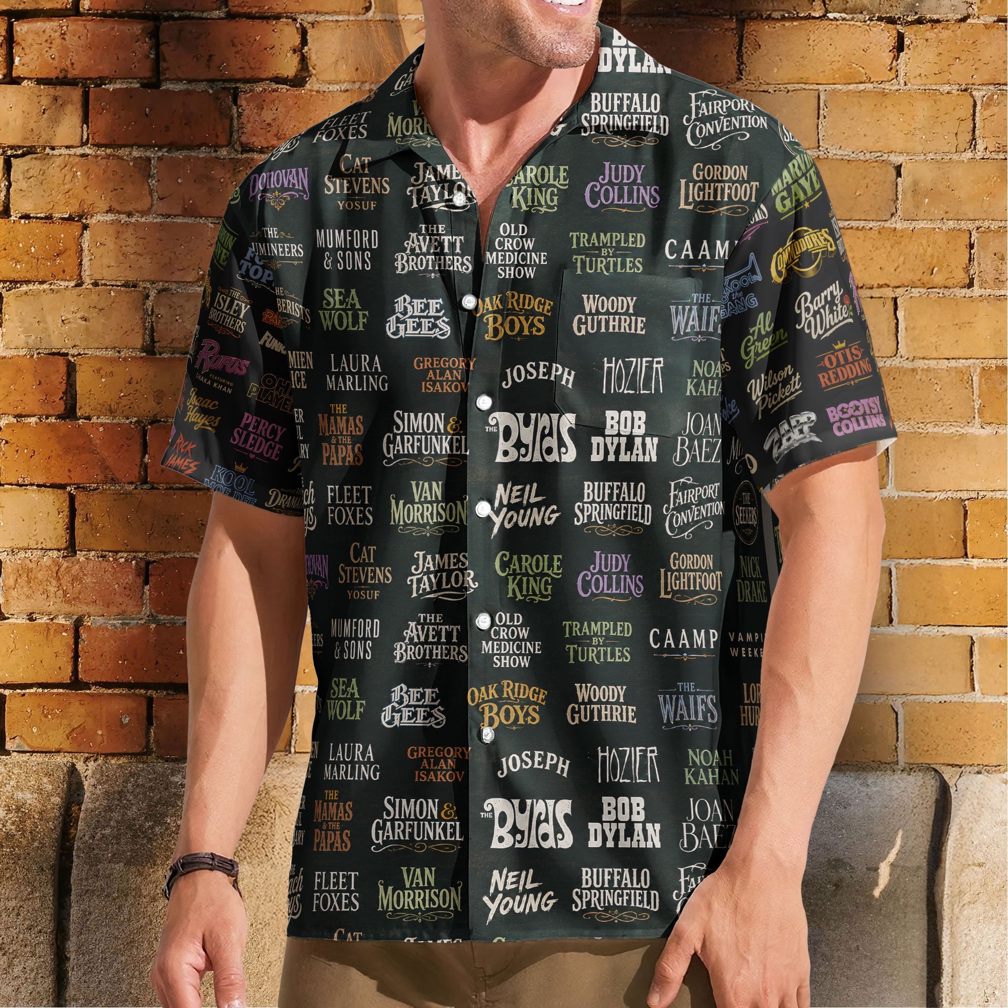 Vintage Folk Rock Band Logos Hawaiian Shirt – Unisex Retro Music Concert Summer Button Up