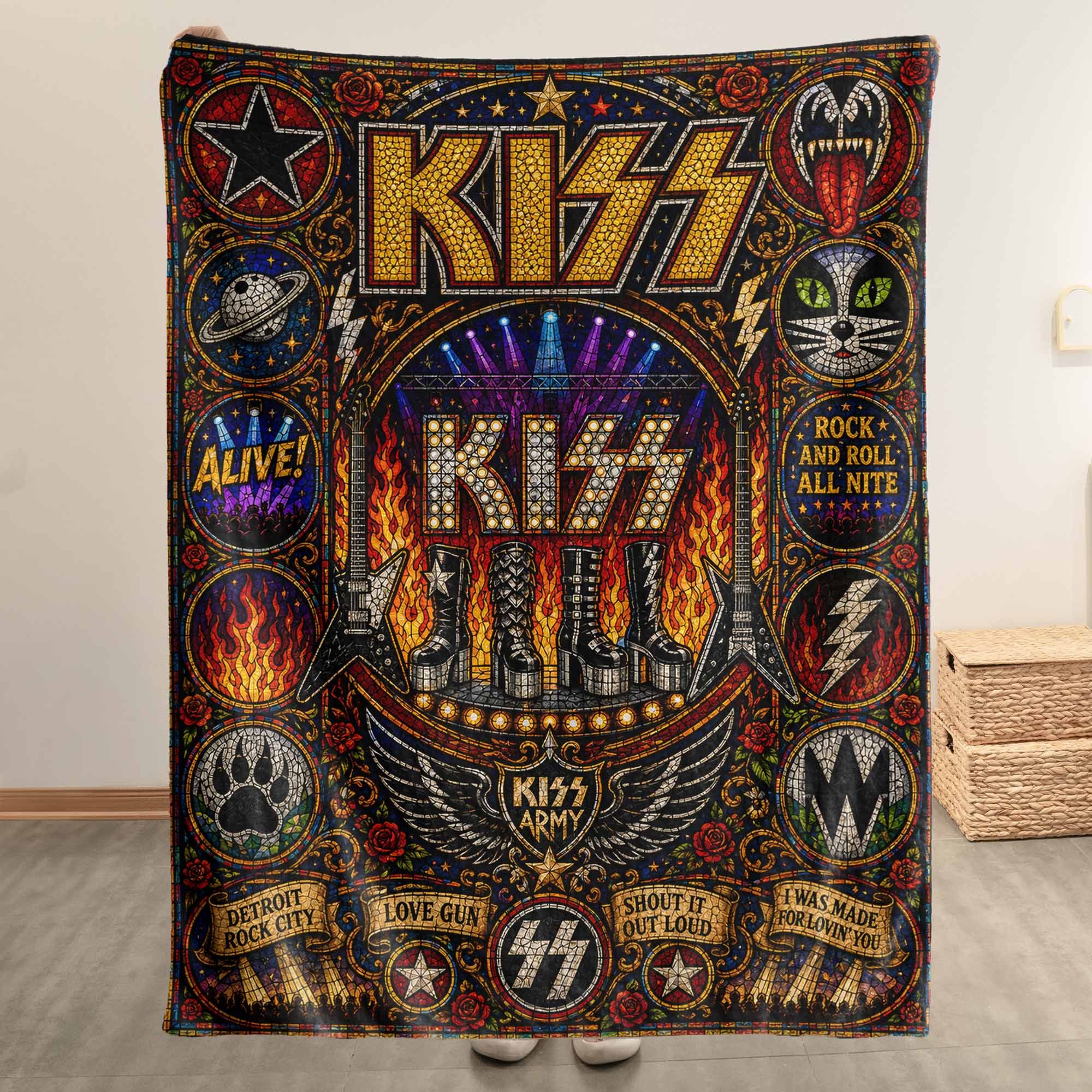 KISS Band Sherpa Blanket Detroit Rock City Stained Glass Blanket