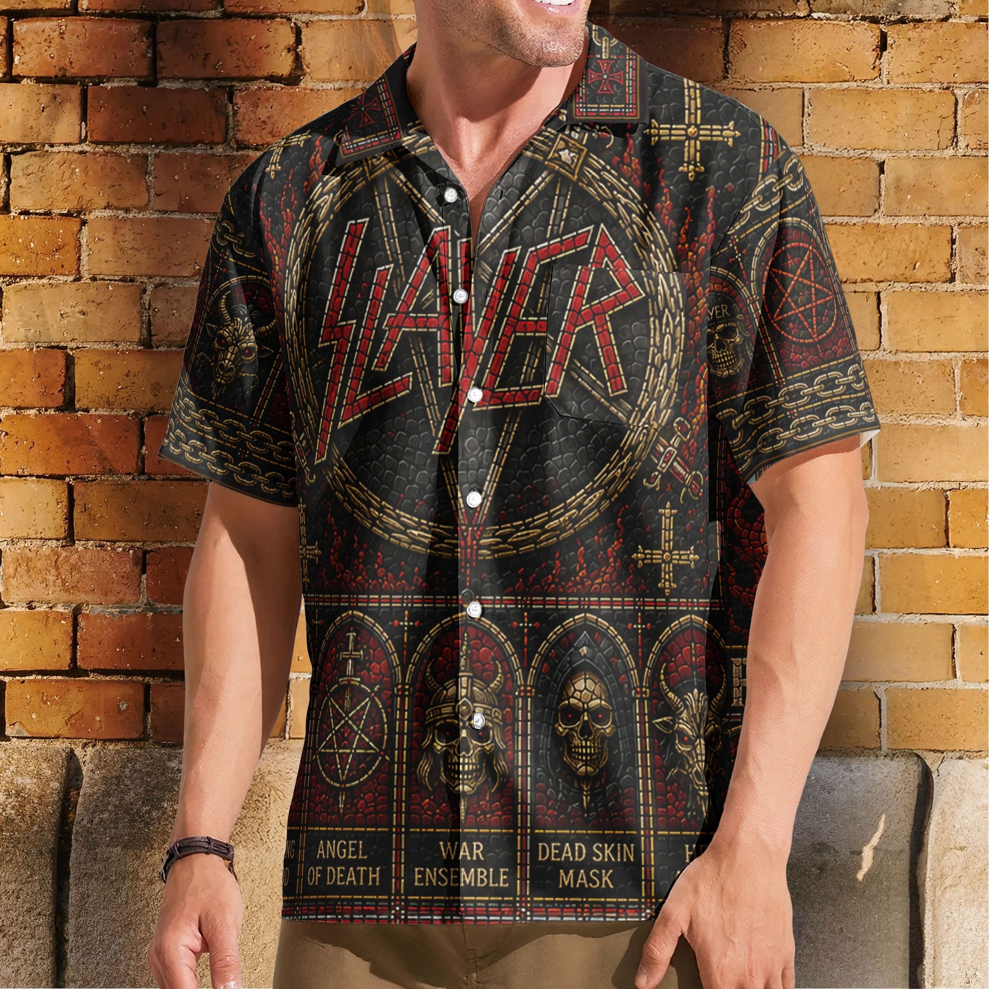 Slayer Stained Glass Hawaiian Shirt - Unisex Retro Heavy Metal Concert Tour Merch