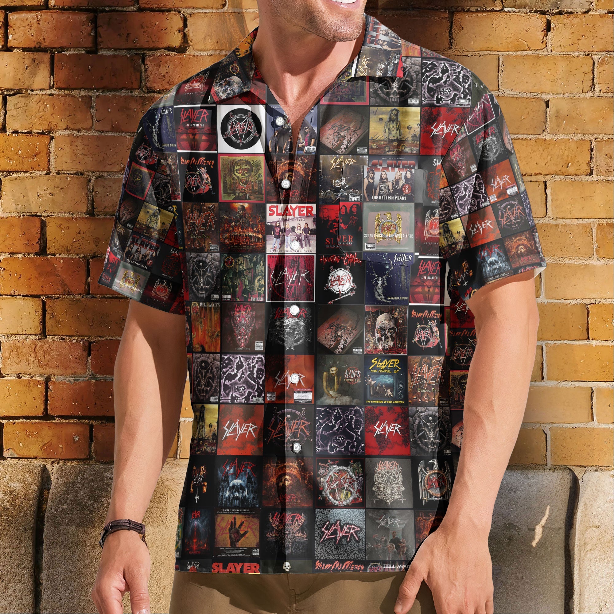 Slayer Album Cover Collage Hawaiian Shirt - Unisex 80s Speed Metal Rock Concert Summer Button Up