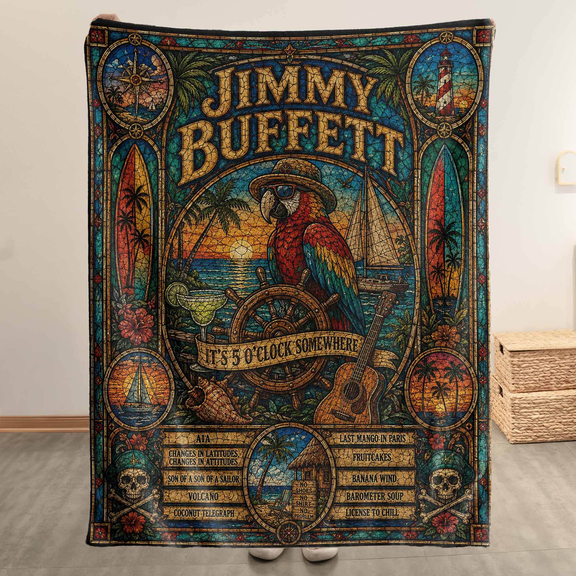 Jimmy Buffett Sherpa Blanket Margaritaville Stained Glass Tropical Coastal Blanket