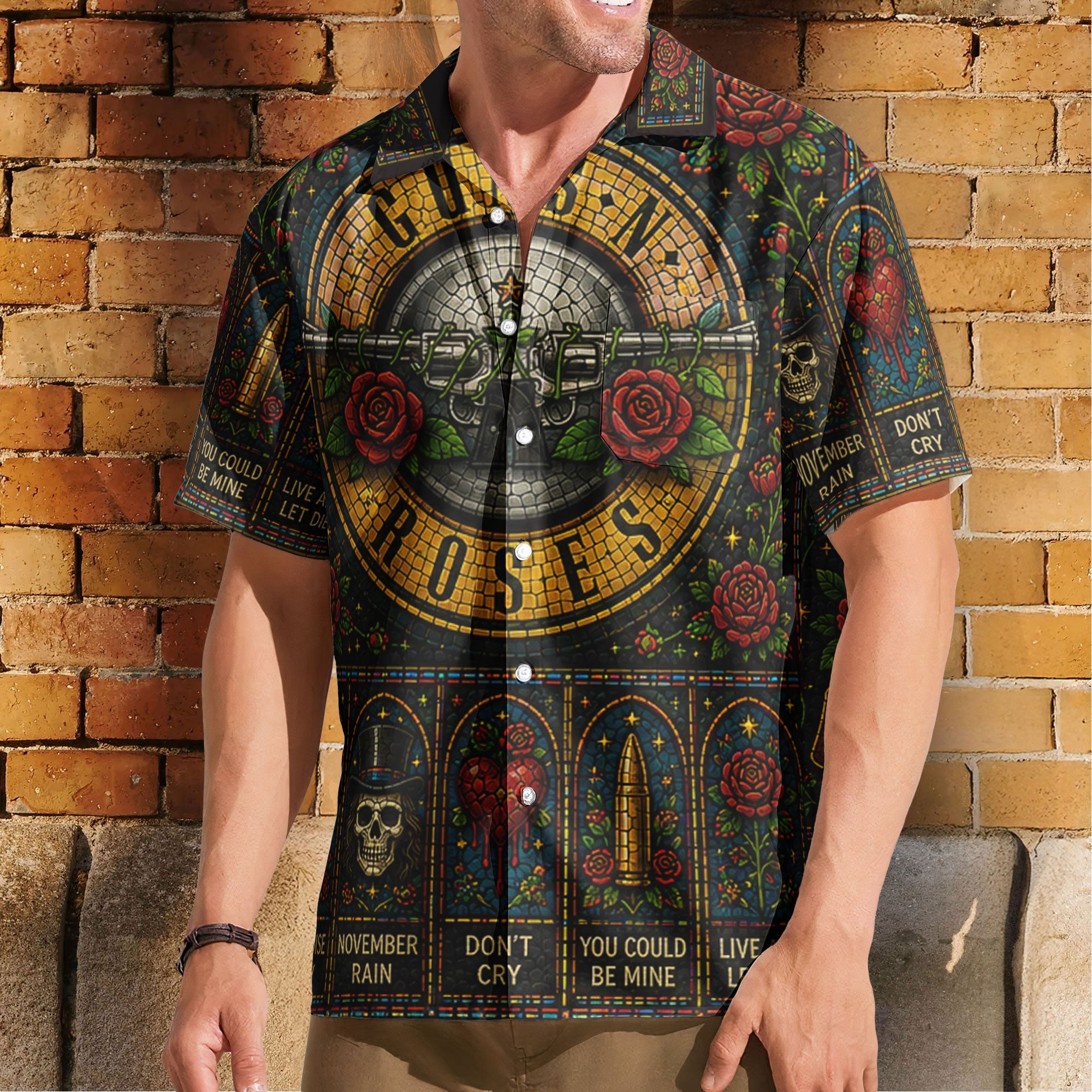 Guns N Roses Hawaiian Shirt - Unisex Retro Bullet Logo Cathedral Window Button Up