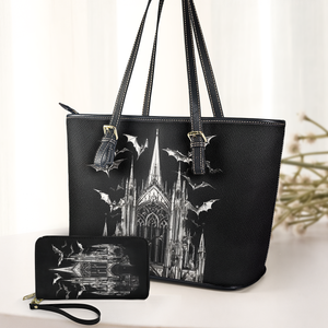 Gothic Cathedral & Bats Leather Handbag & Wallet Set