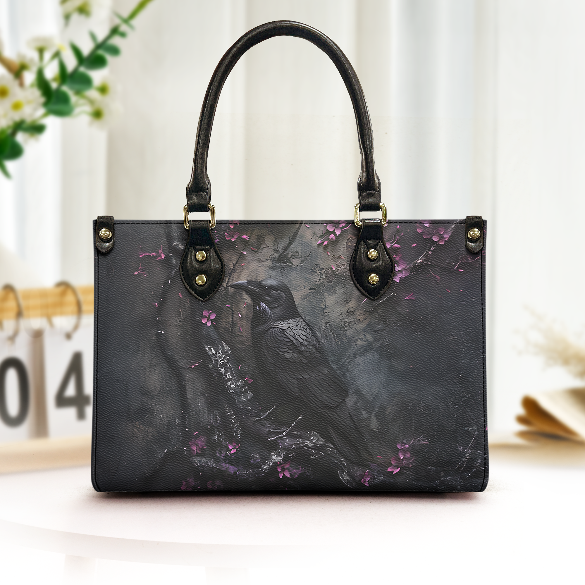 Raven Gothic Leather Handbag & Wallet Set-Dark Elegance with Enchanted Floral Accents