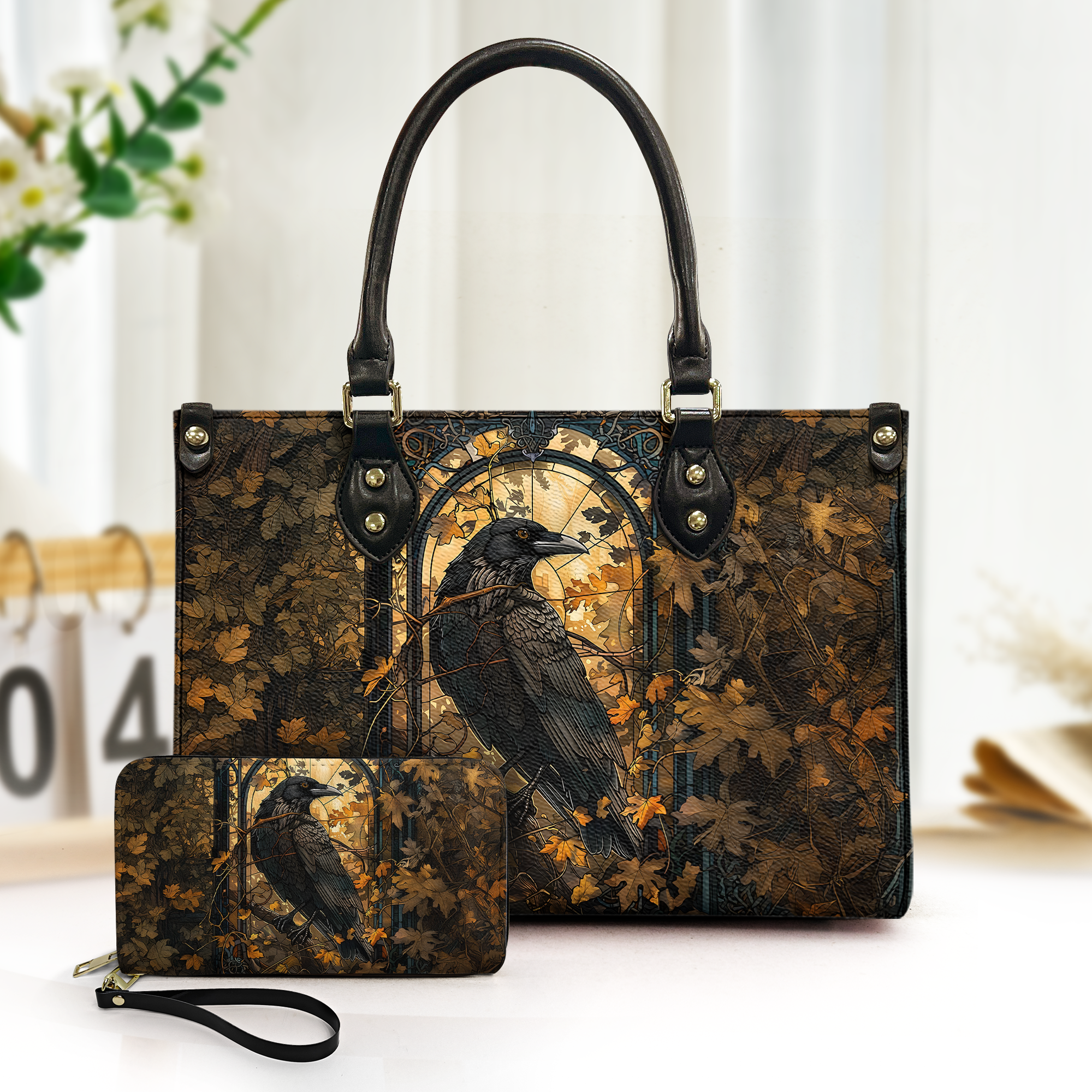 Gothic Shadows Grimoire Raven Leather Handbag & Wallet Set