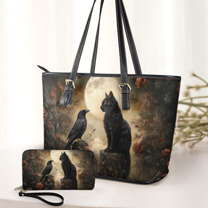 Mystic Moon Black Cat & Raven Gothic Leather Handbag with Wallet