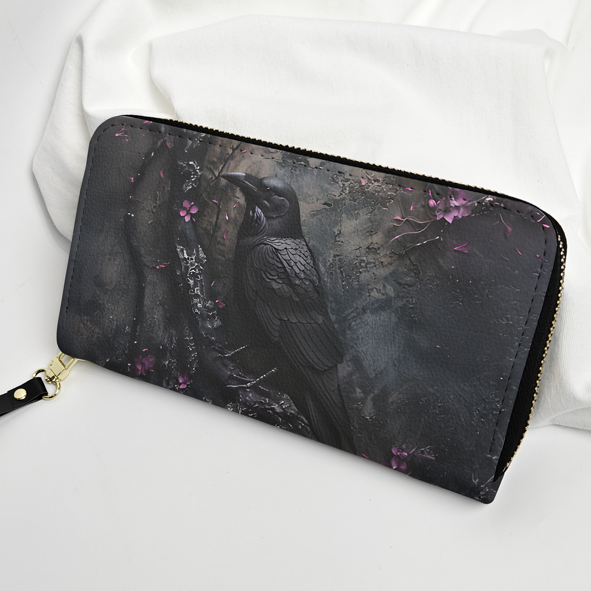 Raven Gothic Leather Handbag & Wallet Set-Dark Elegance with Enchanted Floral Accents