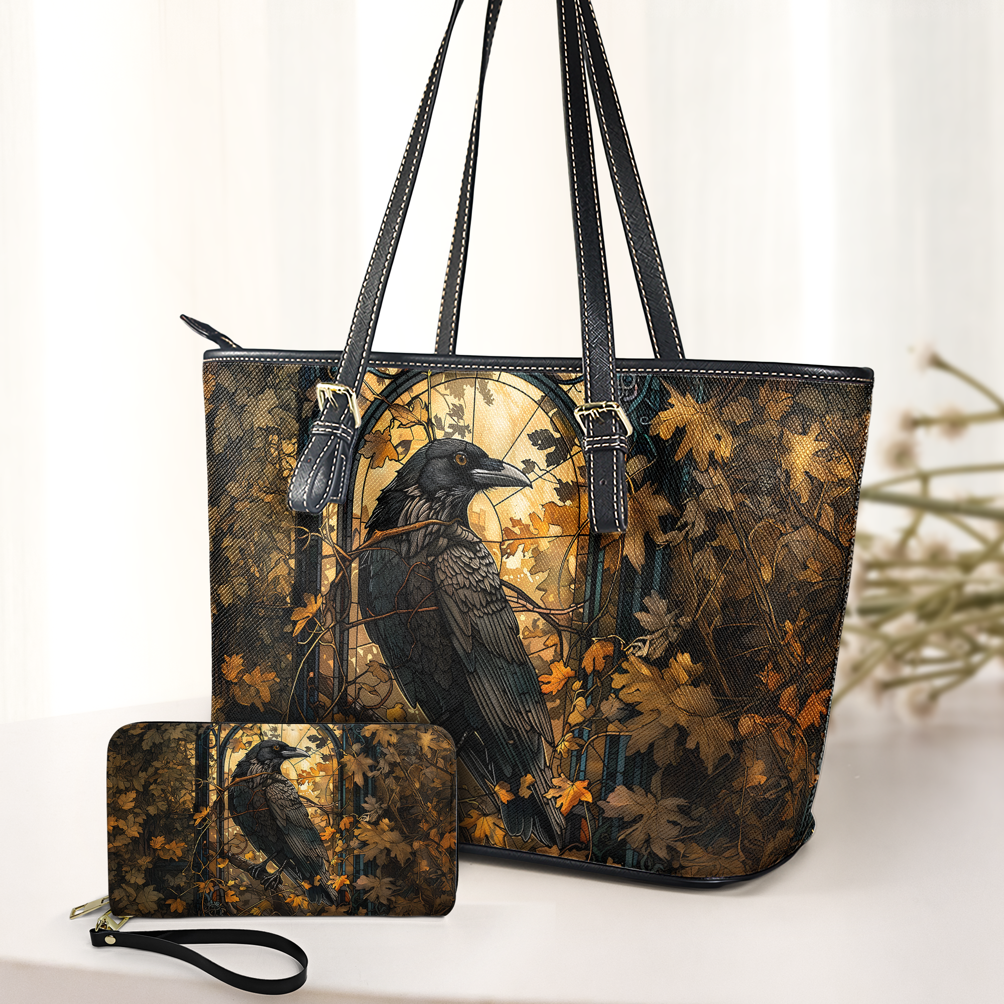 Gothic Shadows Grimoire Raven Leather Handbag & Wallet Set