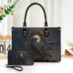 Gothic Raven & Moon Leather Handbag & Wallet Set Dark Fantasy Elegance