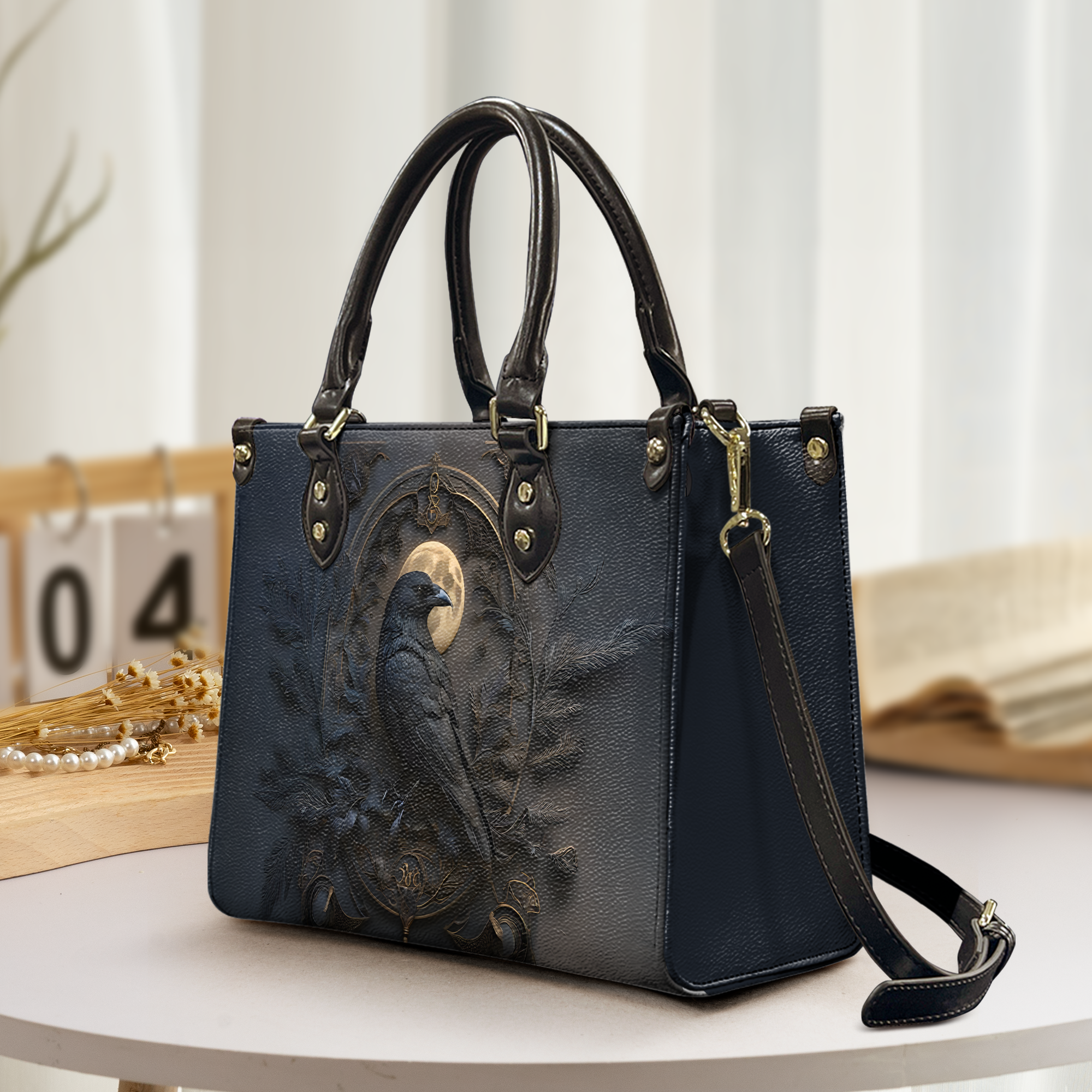 Gothic Raven & Moon Leather Handbag & Wallet Set Dark Fantasy Elegance