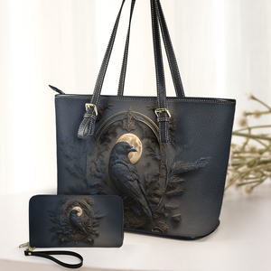 Gothic Raven & Moon Leather Handbag & Wallet Set Dark Fantasy Elegance