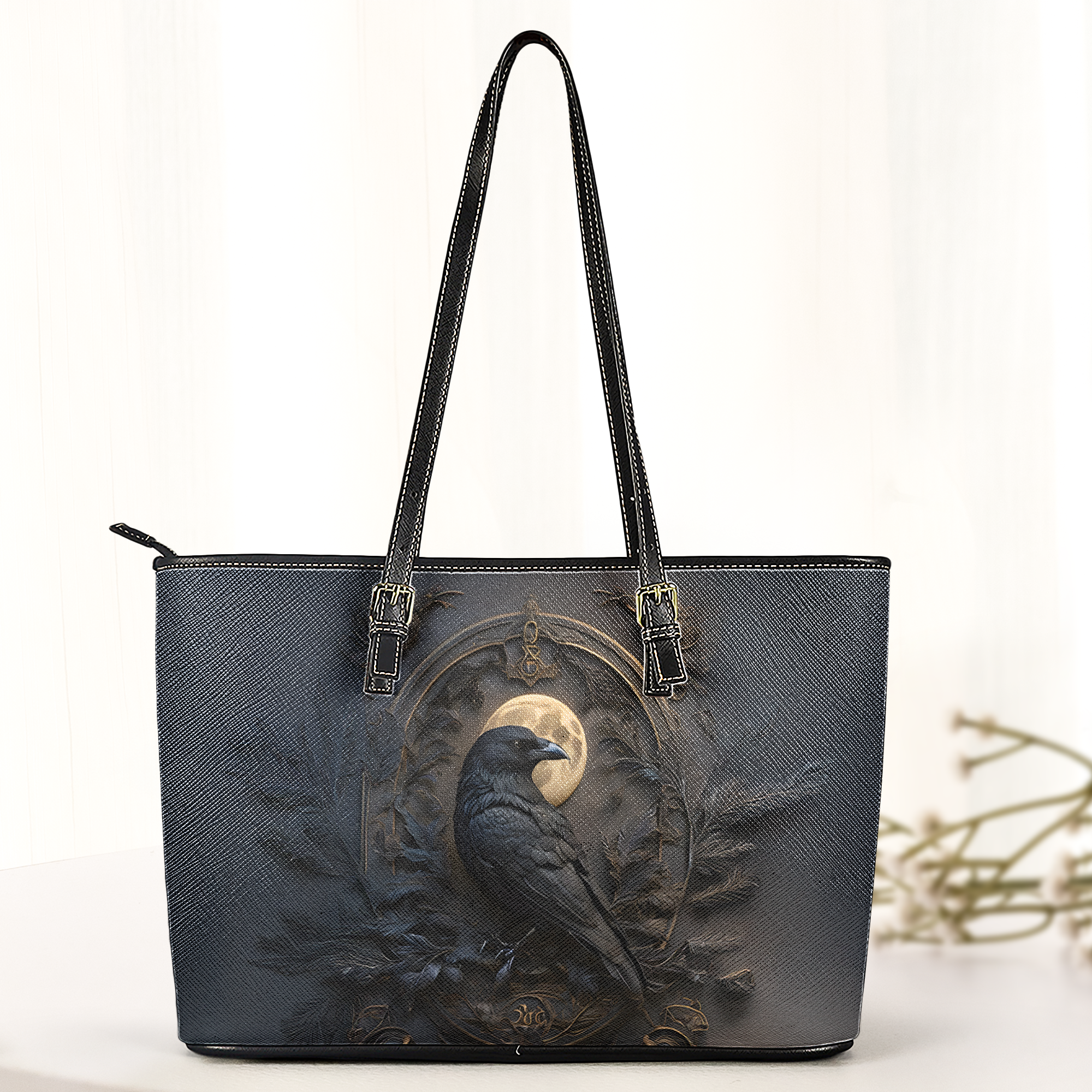 Gothic Raven & Moon Leather Handbag & Wallet Set Dark Fantasy Elegance