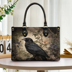 Vintage Raven Leather Handbag with Enchanted Garden Design