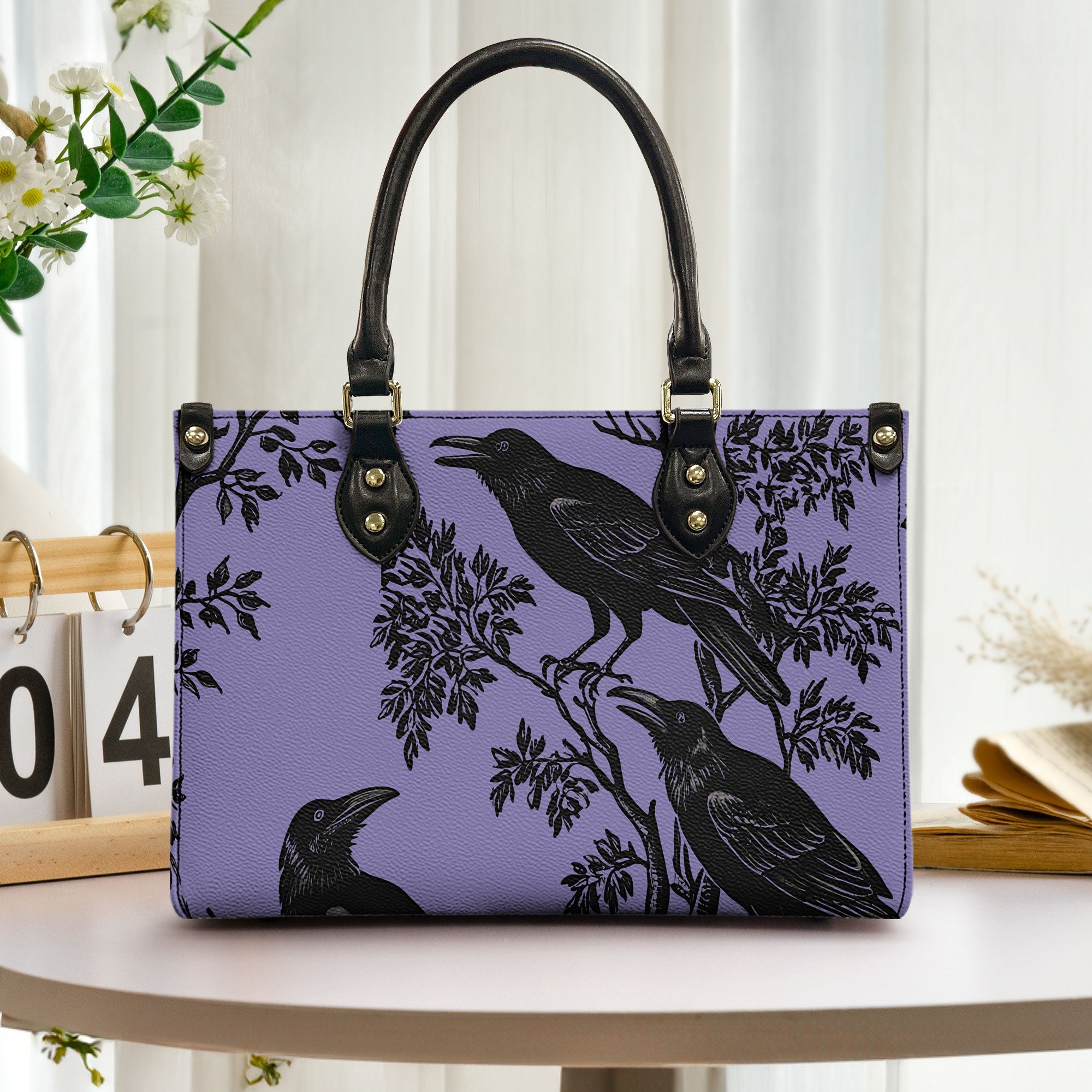 Purple Raven Leather Tote Bag with Matching Wallet Gothic Aesthetic Handbag Set