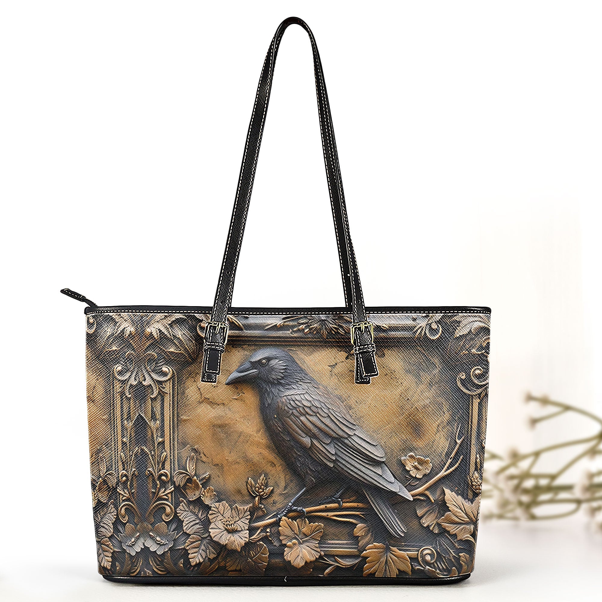 Vintage Gothic Raven Leather Handbag & Wallet Set Mystical Elegance in Dark Style