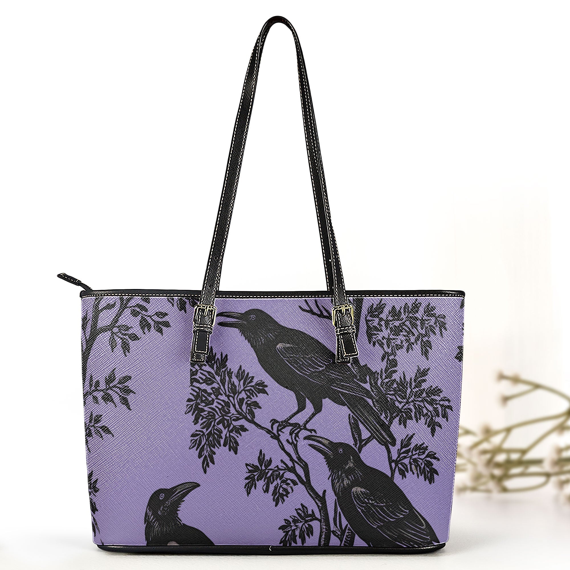 Purple Raven Leather Tote Bag with Matching Wallet Gothic Aesthetic Handbag Set