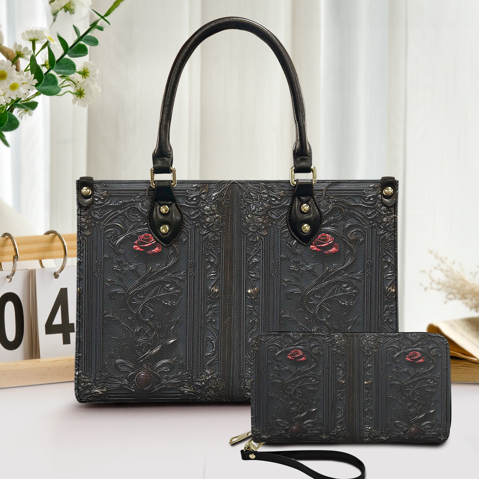 Vintage Gothic Rose Journal - Dark Romantic Leather Handbag & Wallet Set