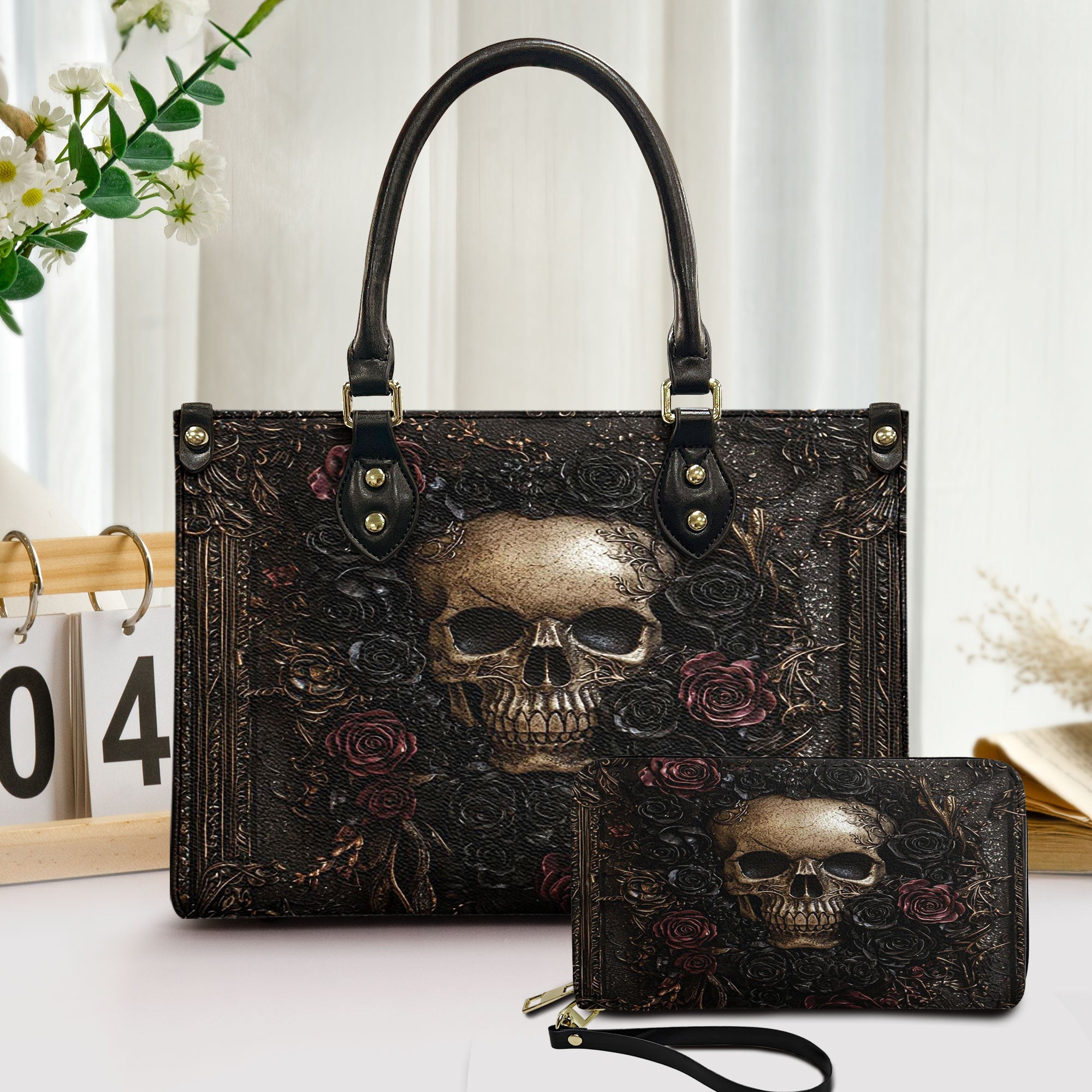 Gothic Skull Roses Leather Handbag & Wallet Set