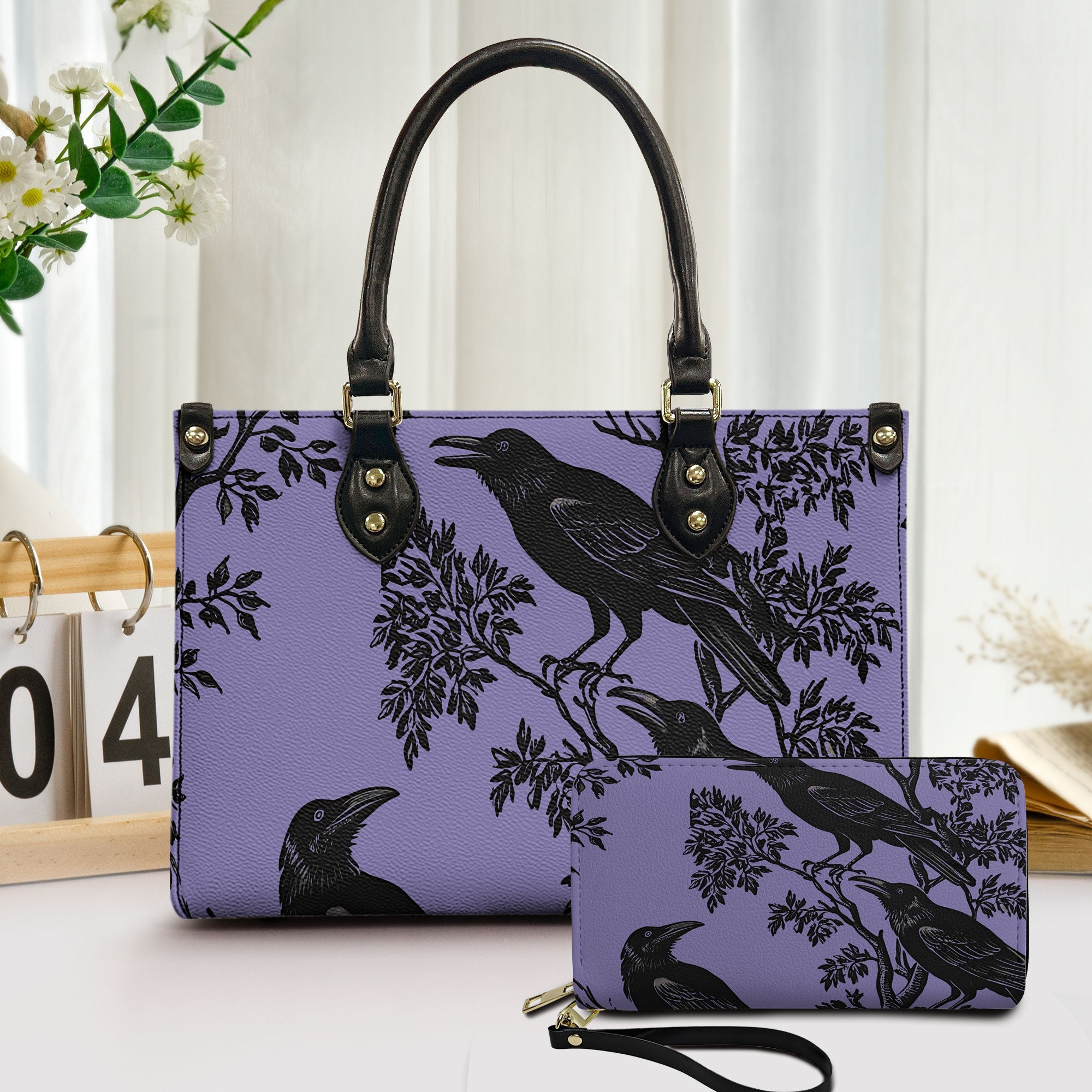 Purple Raven Leather Tote Bag with Matching Wallet Gothic Aesthetic Handbag Set