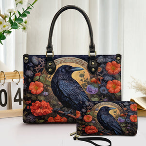Nevermore Raven Leather Handbag & Wallet Set Gothic Elegance in Bloom