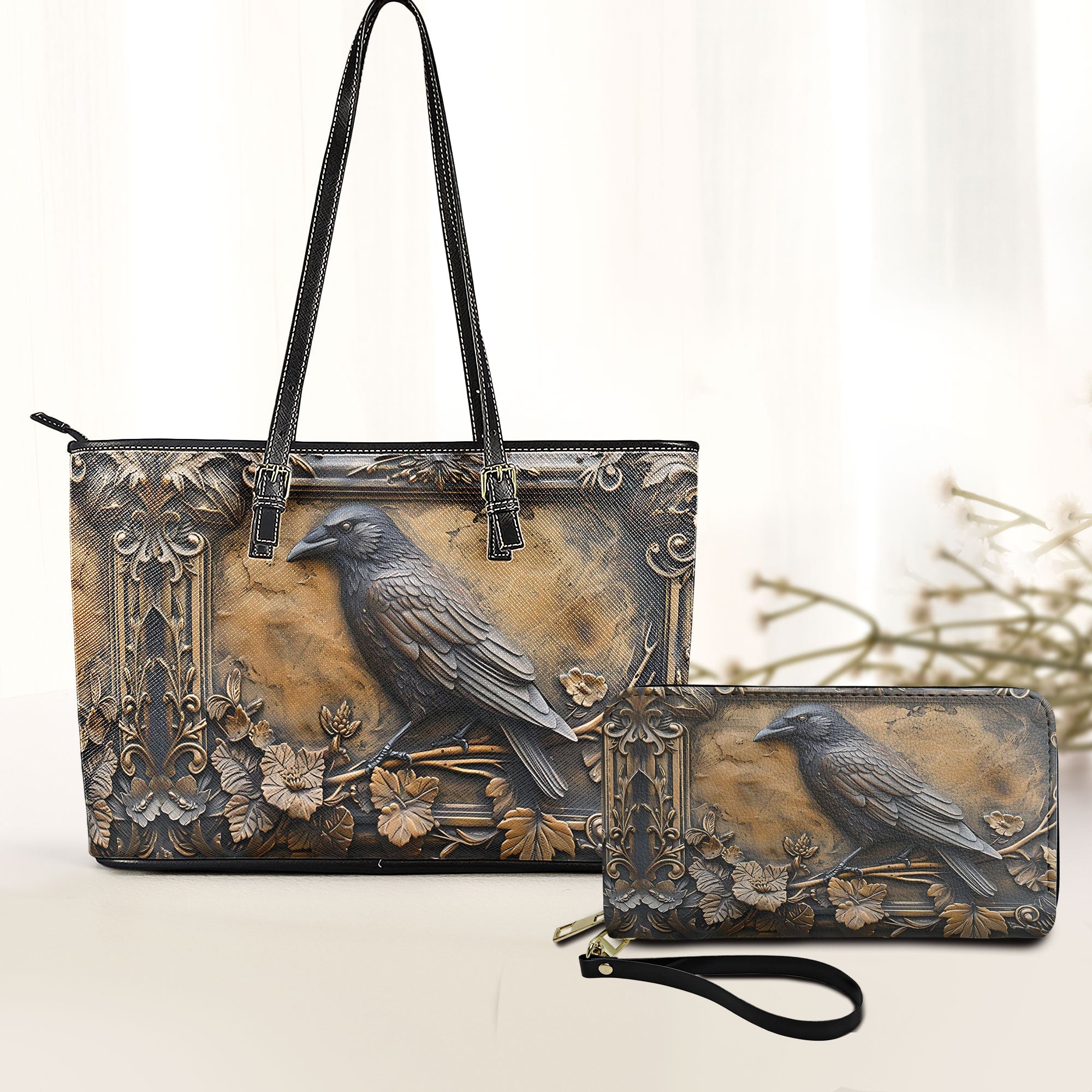 Vintage Gothic Raven Leather Handbag & Wallet Set Mystical Elegance in Dark Style