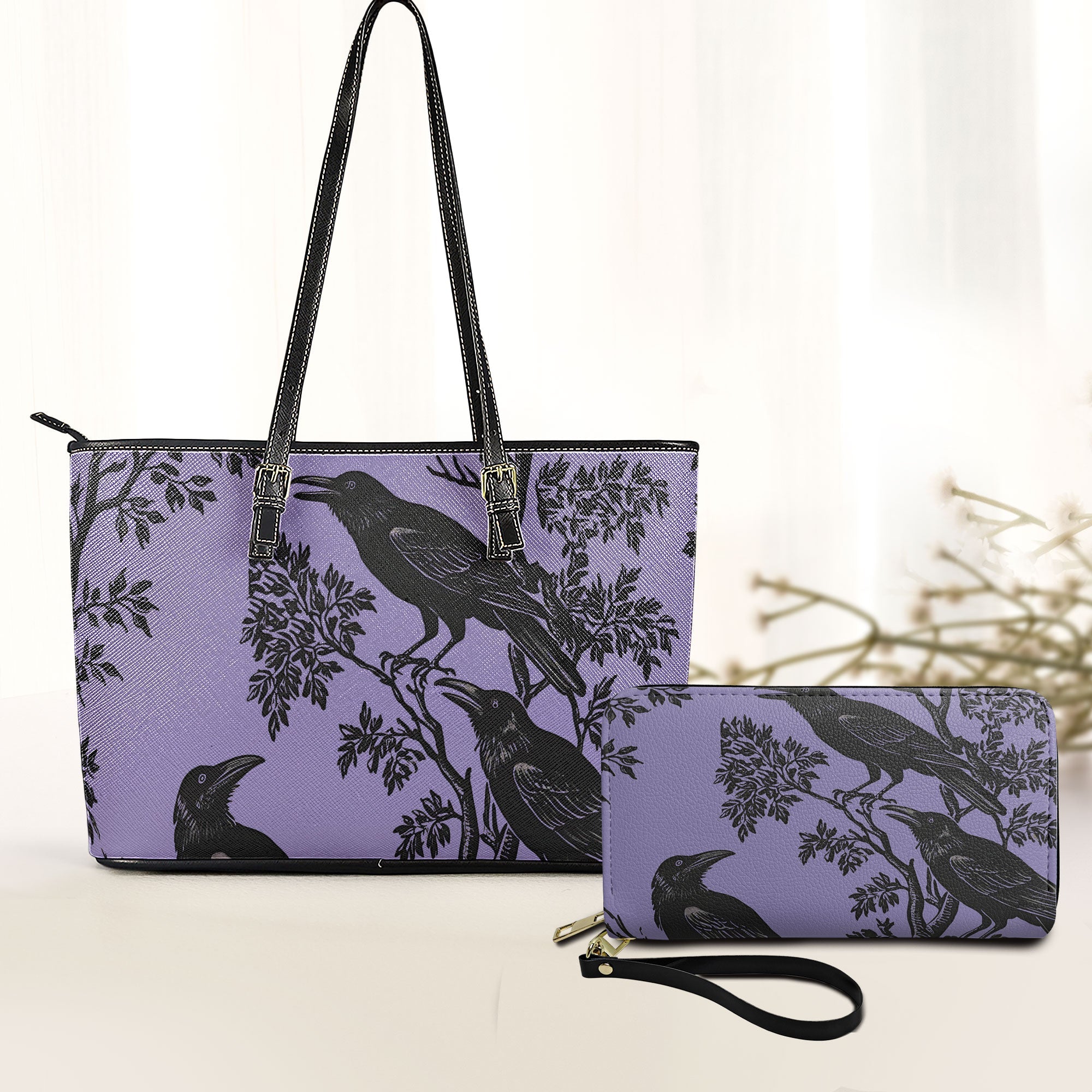 Purple Raven Leather Tote Bag with Matching Wallet Gothic Aesthetic Handbag Set