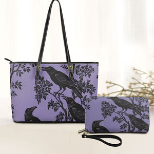 Purple Raven Leather Tote Bag with Matching Wallet Gothic Aesthetic Handbag Set