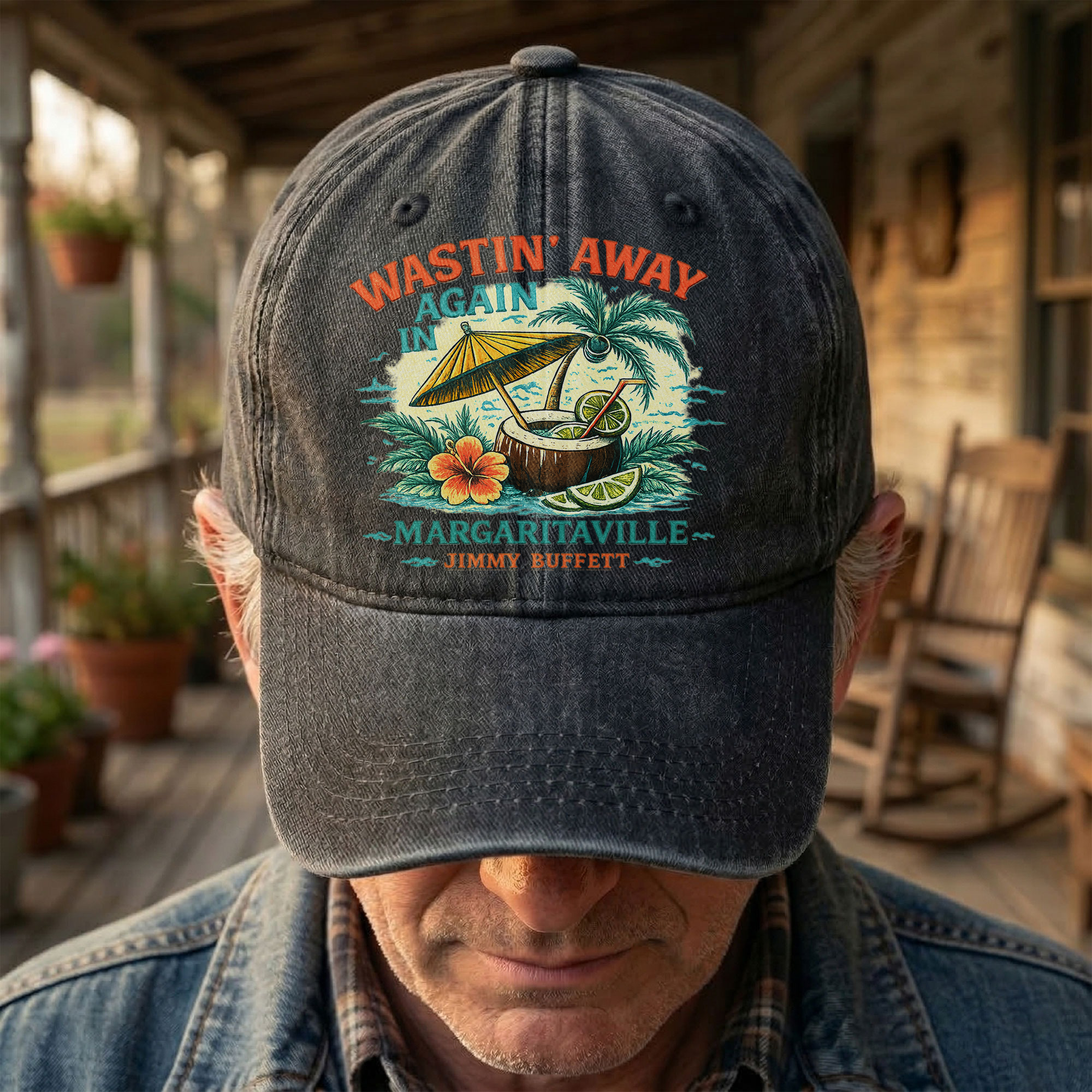 Jimmy Buffett Margaritaville Wastin Away Again Tropical Cocktail Beach Denim Cap Retro Vintage Dad Cap Gift For Dad (With Box)