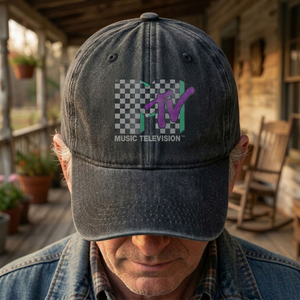 MTV Checkerboard Logo Cap Vintage Washed Hat, Retro 80s Music Television Streetwear Hat (With Box)