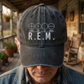 R.E.M Elements Logo Cap Vintage Washed Black Denim Dad Hat, Earth Air Fire Water Minimalist Band Hat (With Box)