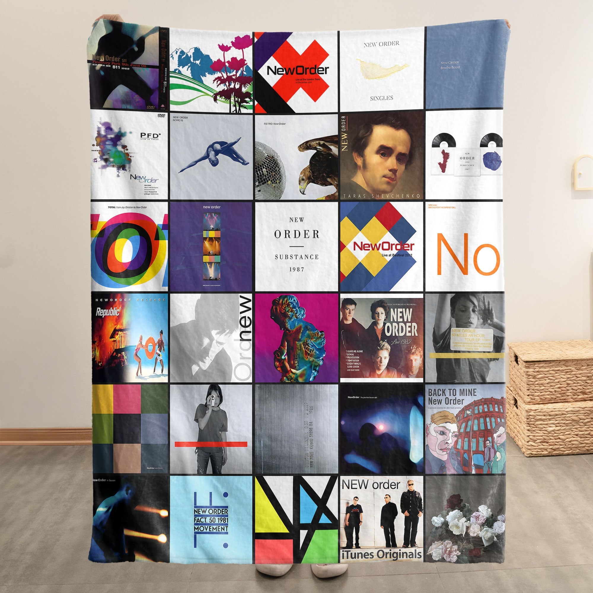New Order Sherpa Blanket Iconic Album Cover Collage for True Synth-Pop & Post-Punk Fans