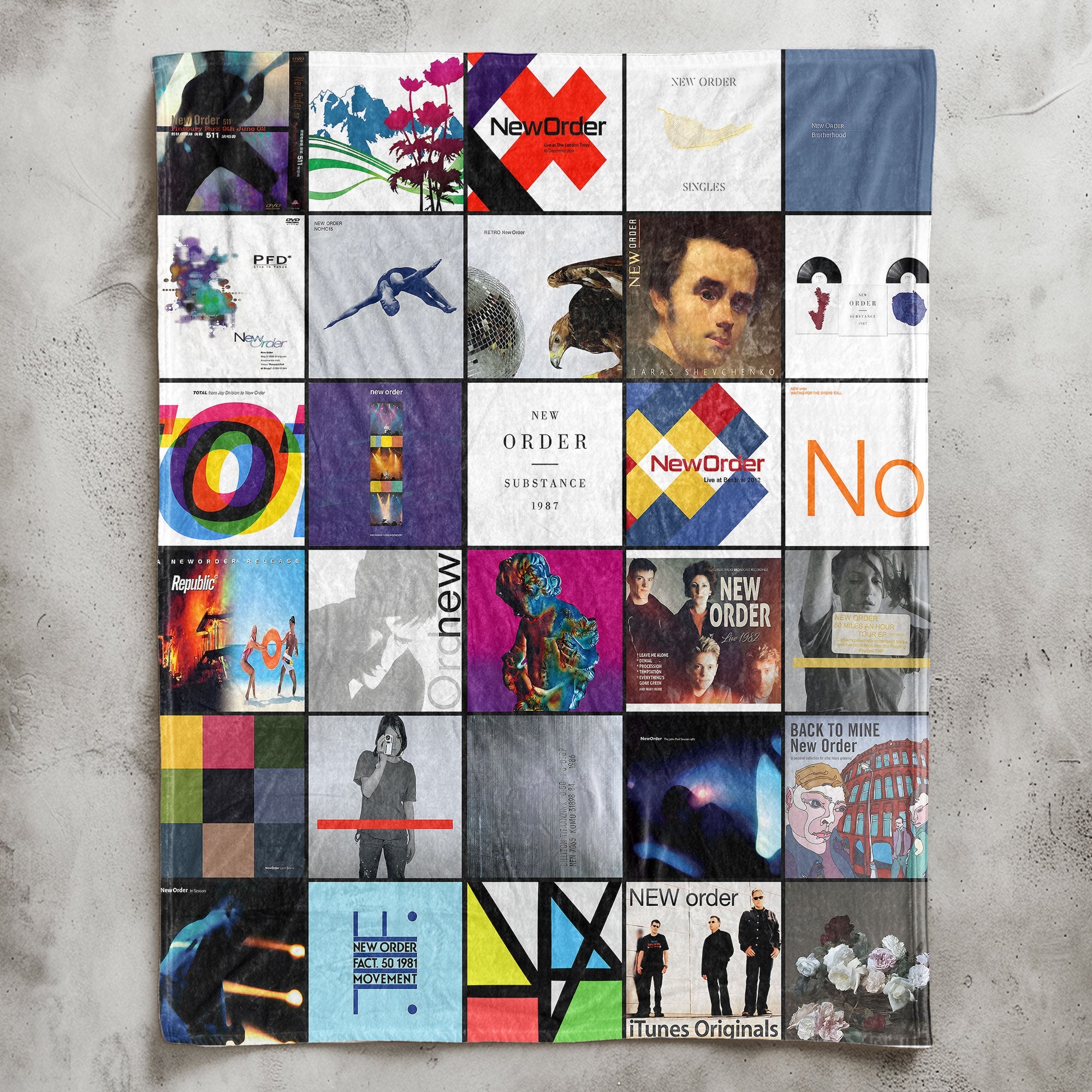 New Order Sherpa Blanket Iconic Album Cover Collage for True Synth-Pop & Post-Punk Fans
