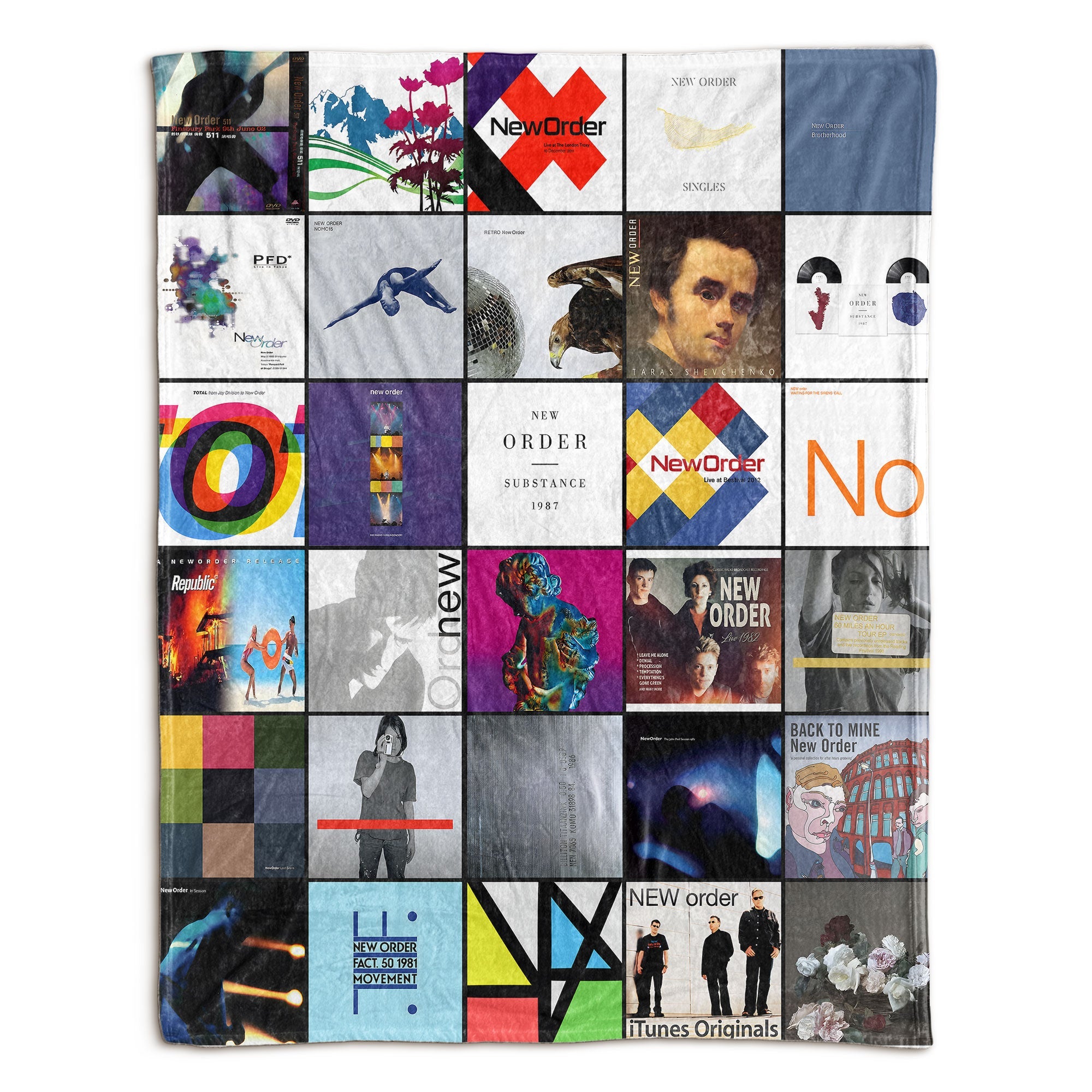 New Order Sherpa Blanket Iconic Album Cover Collage for True Synth-Pop & Post-Punk Fans