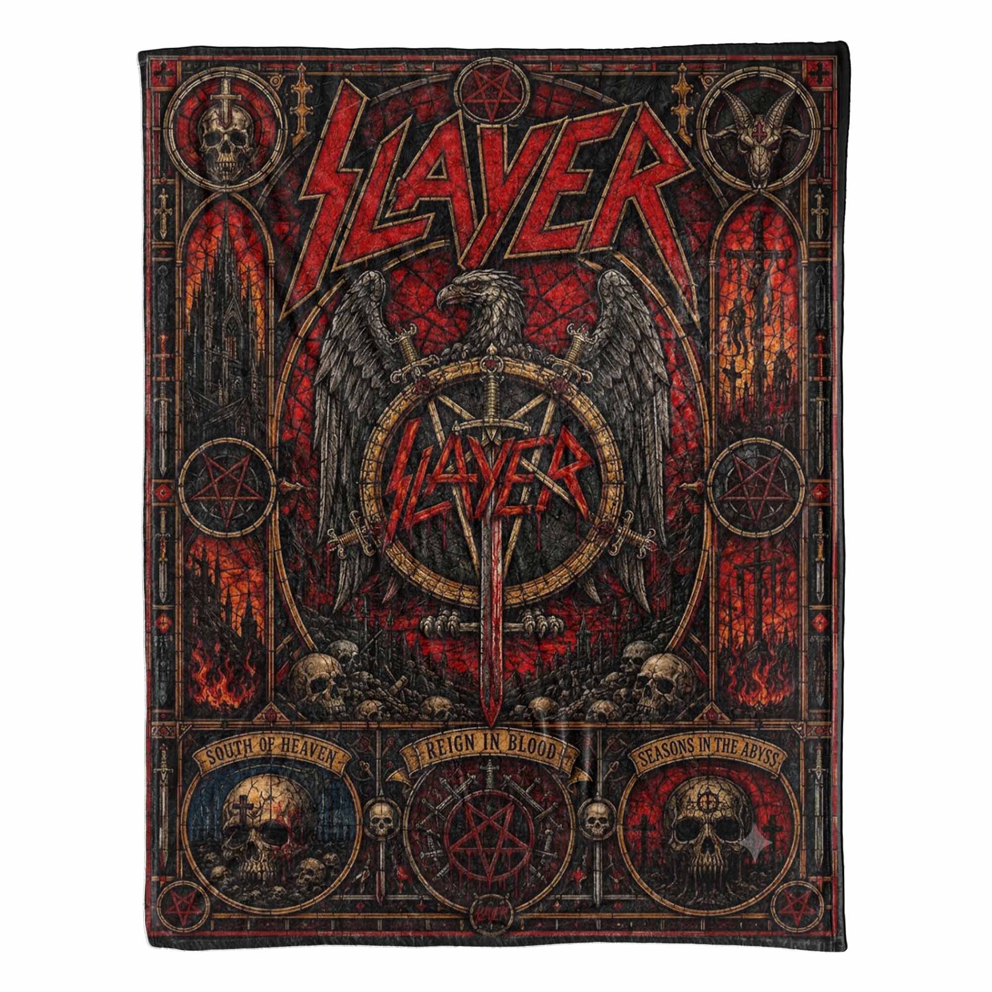 Slayer Band Sherpa Blanket Reign In Blood Stained Glass Thrash Metal Throw Blanket