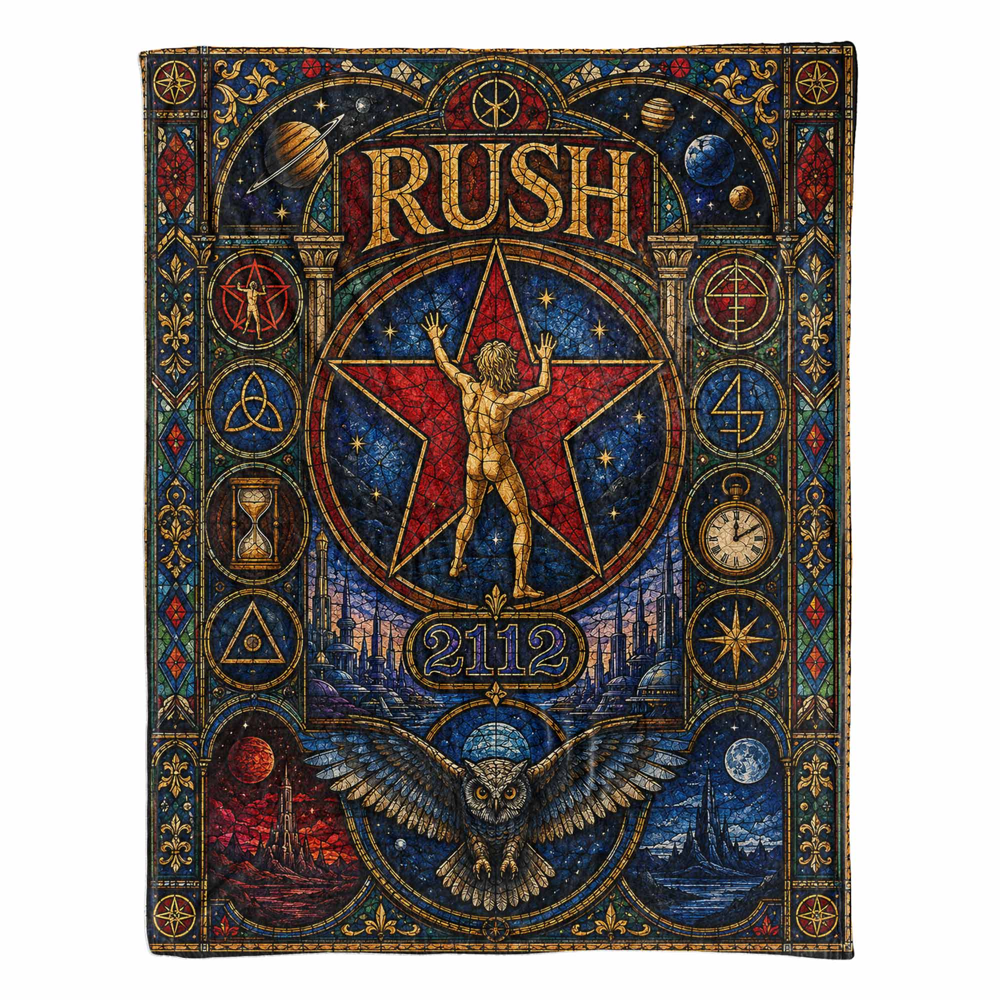 Rush Band Sherpa Blanket Starman 2112 Stained Glass Blanket